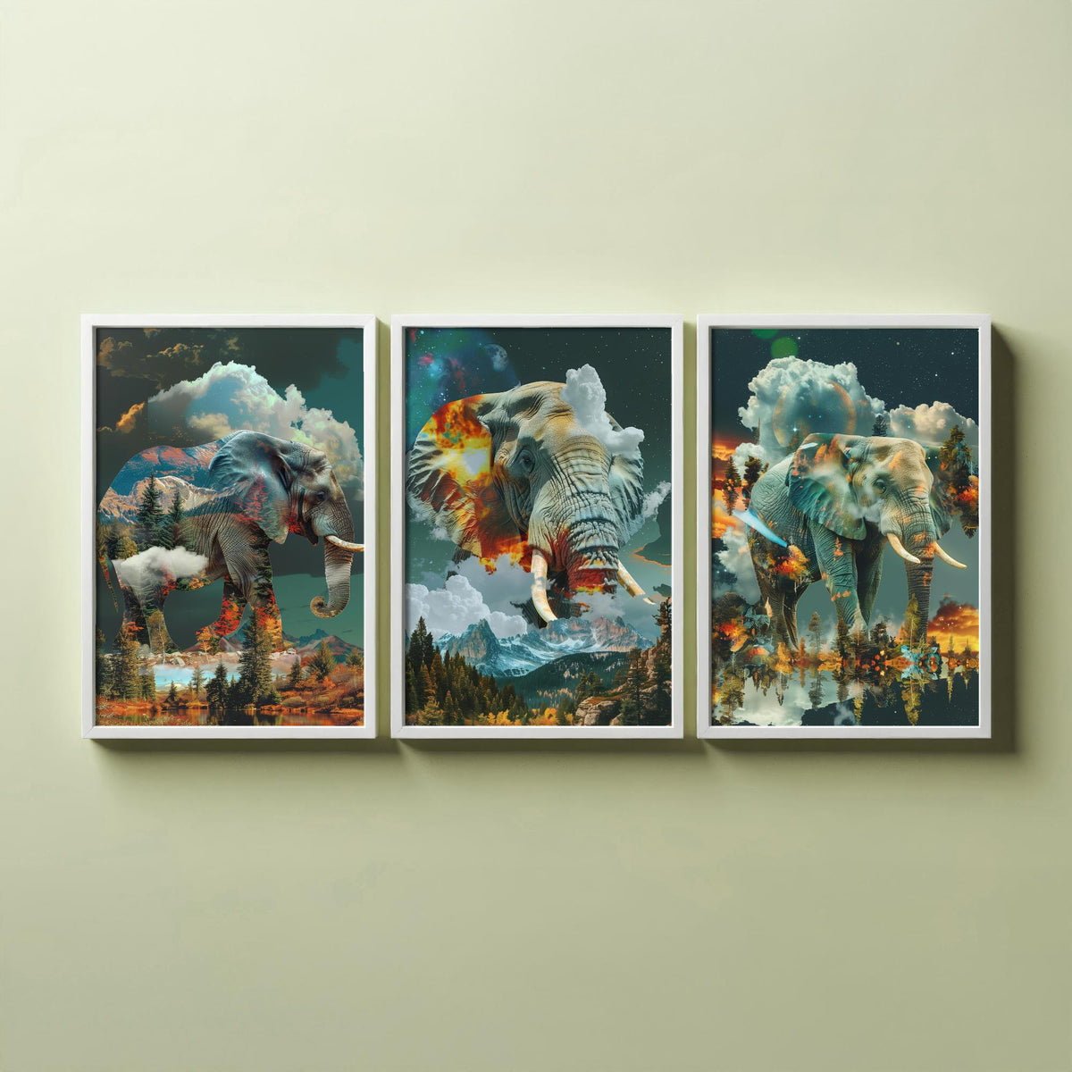 Elephant Set of Three Art Prints - 3 Double Exposure Safari Posters - Surreal Mountain Cloud Nature Wall Art Gift Painting