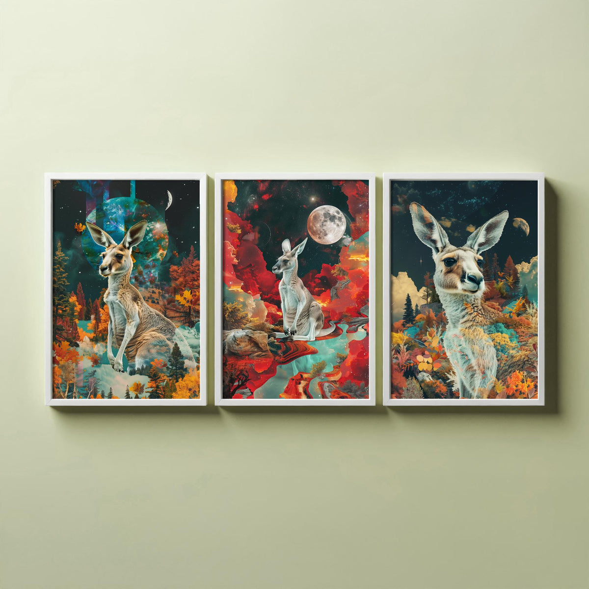 Kangaroo Set of Three Art Prints - 3 Double Exposure Outback Posters - Surreal Red Moon Nature Wall Art Gift Painting