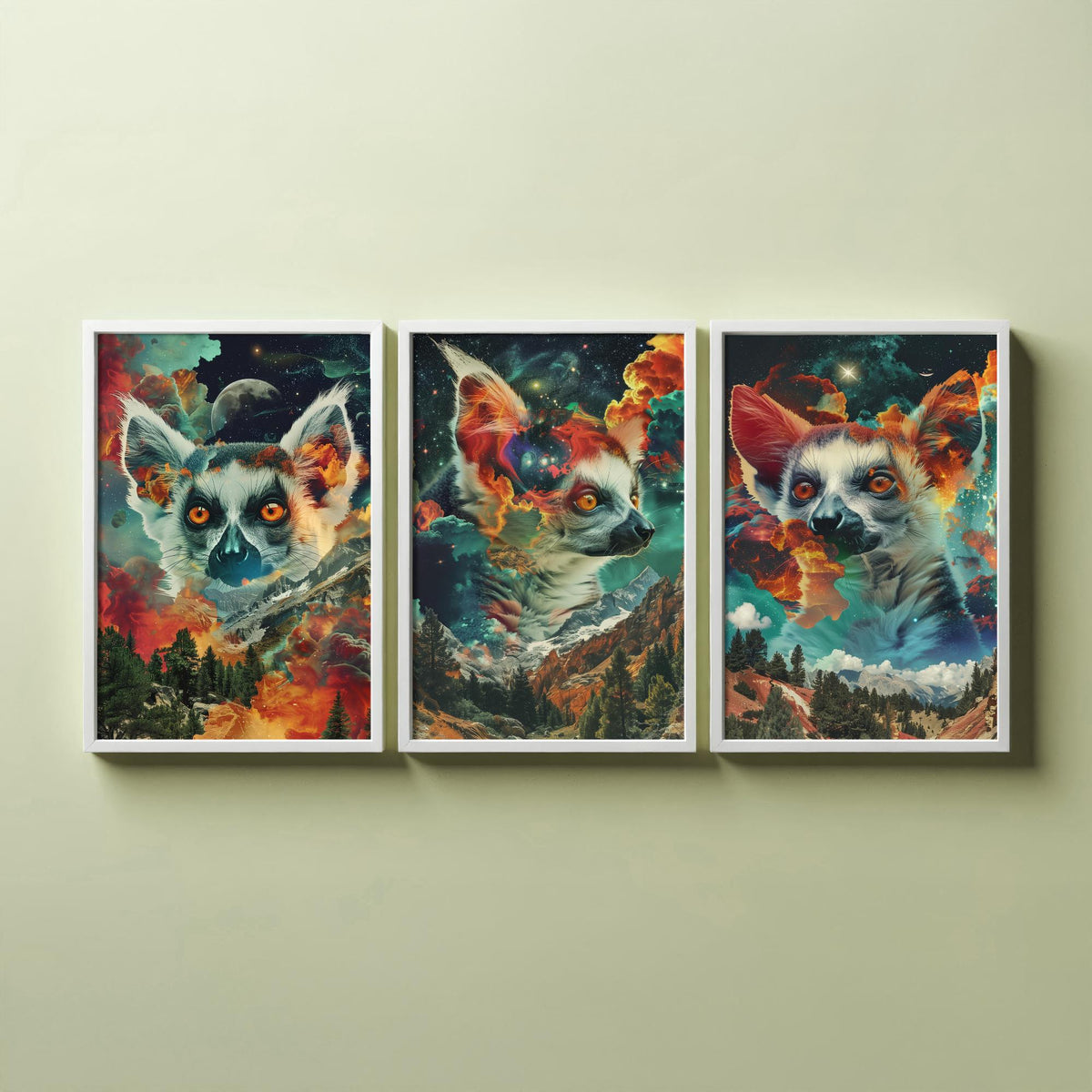 Lemur Set of Three Art Prints - 3 Double Exposure Primate Posters - Surreal Cosmic Cloud Nature Wall Art Gift Painting