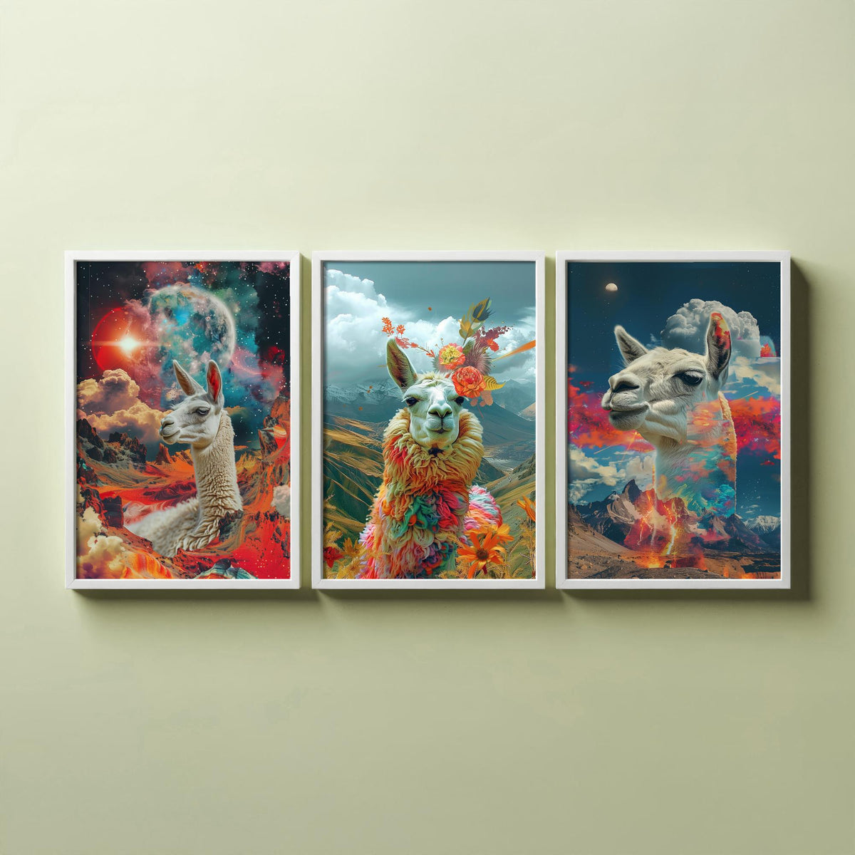 Llama Set of Three Art Prints - 3 Double Exposure Andes Posters - Surreal Mountain Floral Nature Wall Art Gift Painting