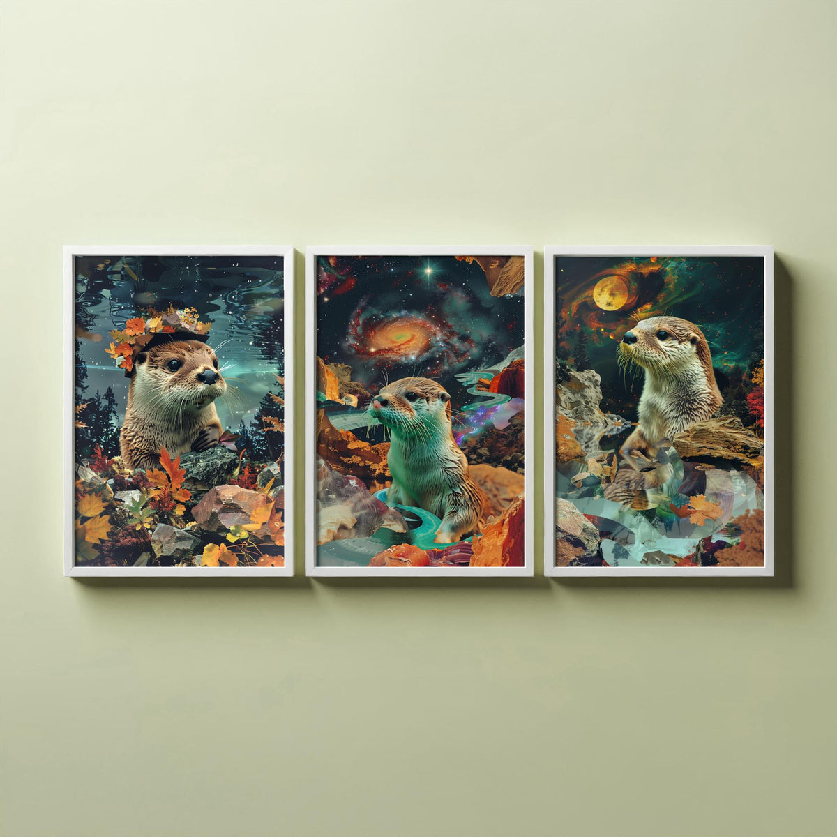 Otter Set of Three Art Prints - 3 Double Exposure River Posters - Surreal Galaxy Autumn Nature Wall Art Gift Painting Decor