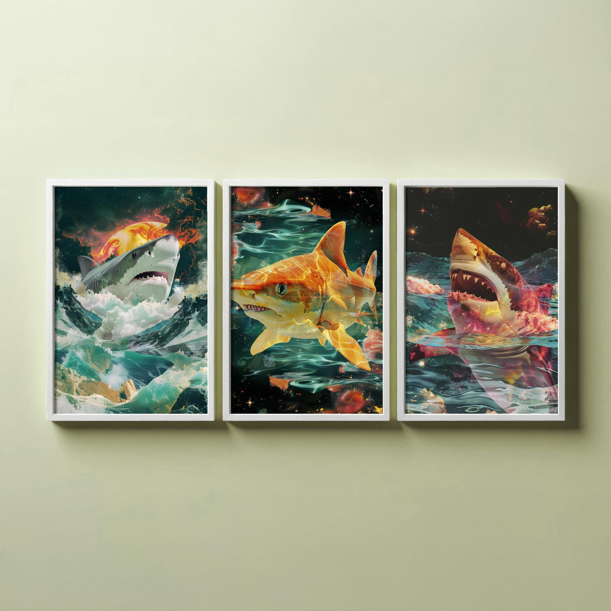 Shark Set of Three Art Prints - 3 Double Exposure Ocean Posters - Surreal Wave Cosmic Nature Wall Art Gift Painting Celestial