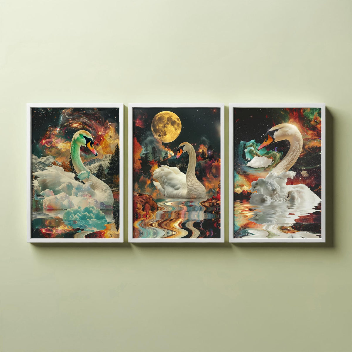 Swan Set of Three Art Prints - 3 Double Exposure Bird Posters - Surreal Lake Cosmic Nature Wall Art Gift Painting Moon