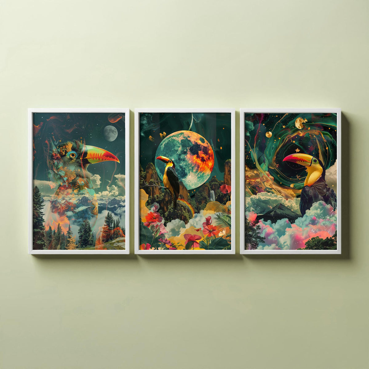 Toucan Set of Three Art Prints - 3 Double Exposure Tropical Bird Posters - Surreal Rainforest Cosmic Nature Wall Art Gift Painting Celestial