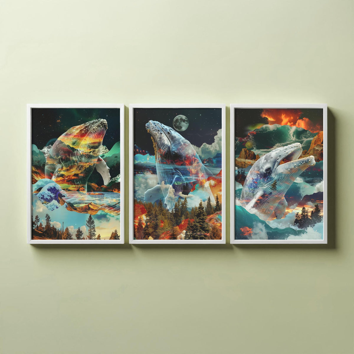 Whale Set of Three Art Prints - 3 Double Exposure Ocean Posters - Surreal Wave Mountain Nature Wall Art Gift Painting Moon