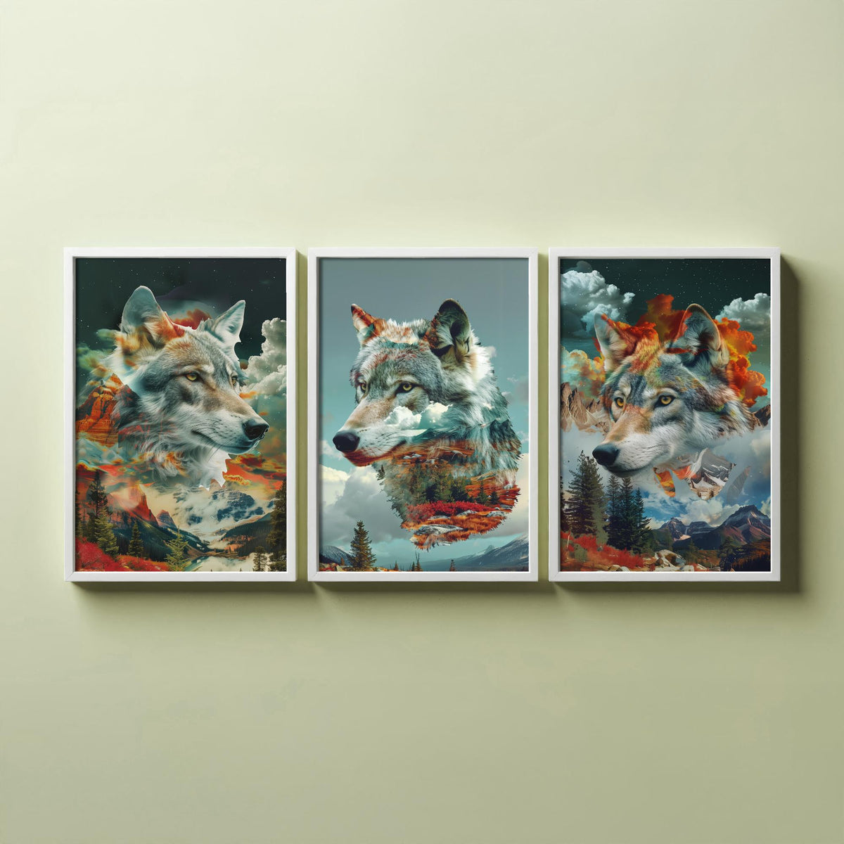 Wolf Set of Three Art Prints - 3 Double Exposure Wild Posters - Surreal Mountain Forest Nature Wall Art Gift Painting Celestial