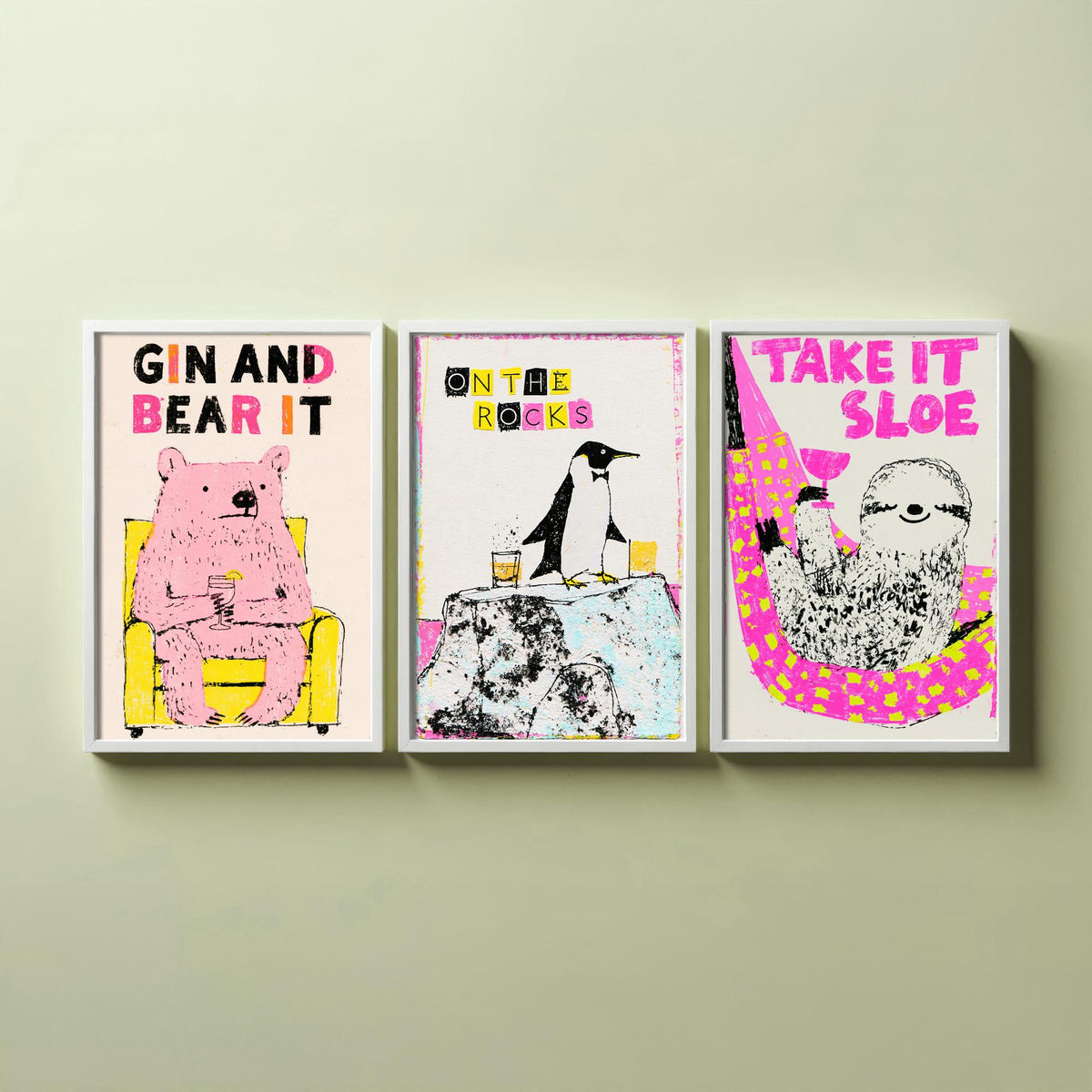 Gin and Bear It, On the Rocks, Take It Sloe - Chilled Drinks Set of Three Art Prints - Pink Bear, Penguin and Sloth Bar Illustration Poster