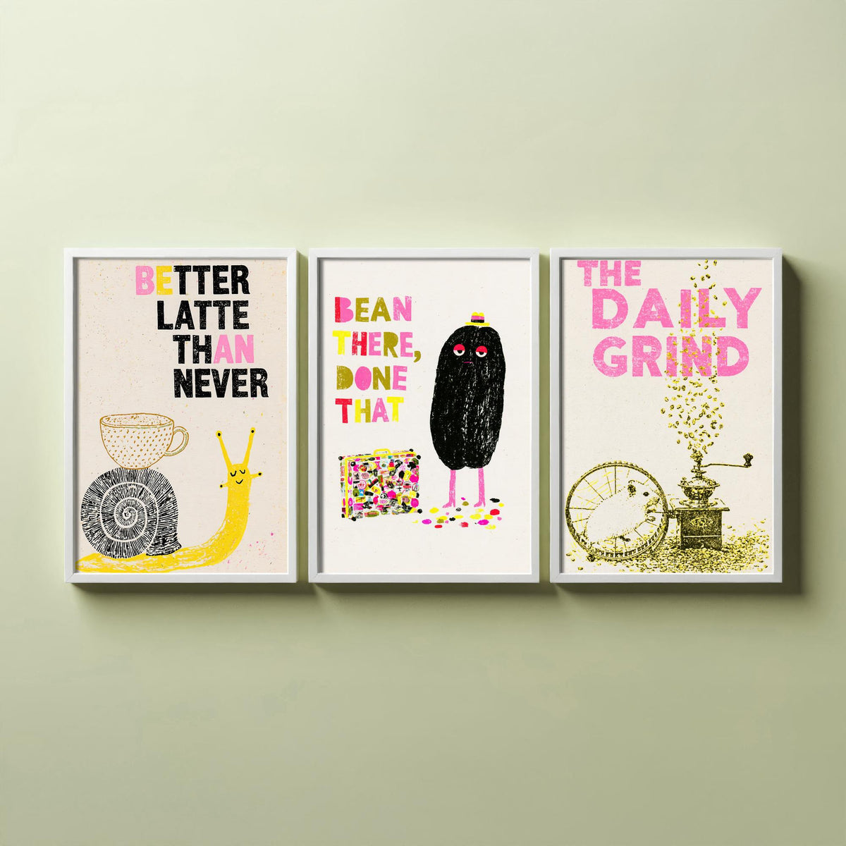 Better Latte Than Never - Bean There, Done That - The Daily Grind - Coffee Set of Three Art Prints - Snail and Hamster Illustration Poster
