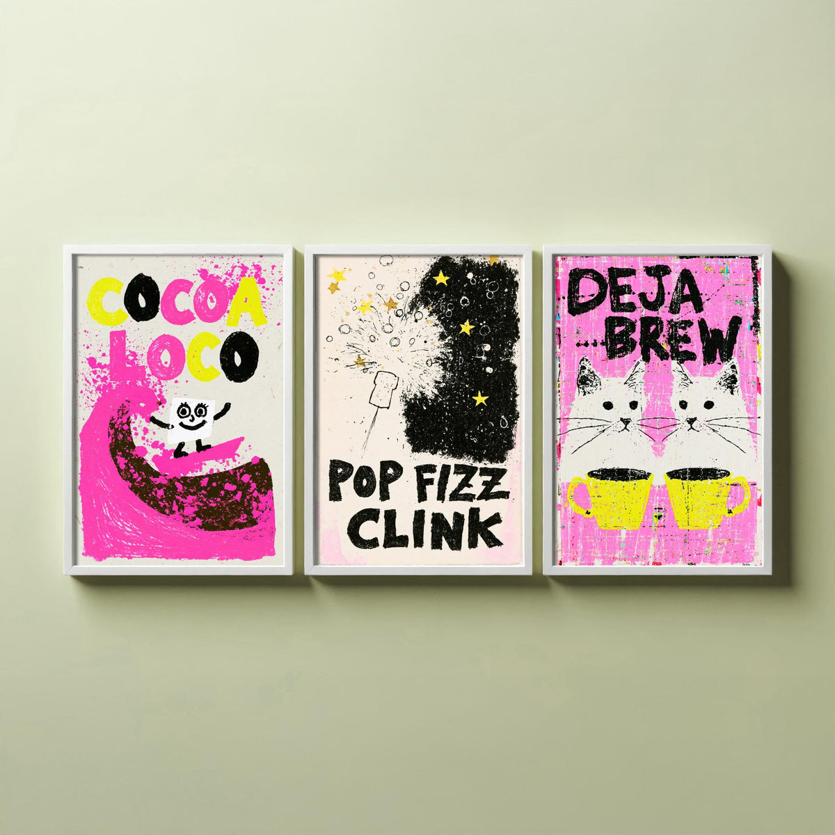 Cocoa Loco, Pop Fizz Clink and Deja Brew - Hot Pink Drinks Set of Three Art Prints - Hot Chocolate, Bubbly and Twin Cats Illustration Poster