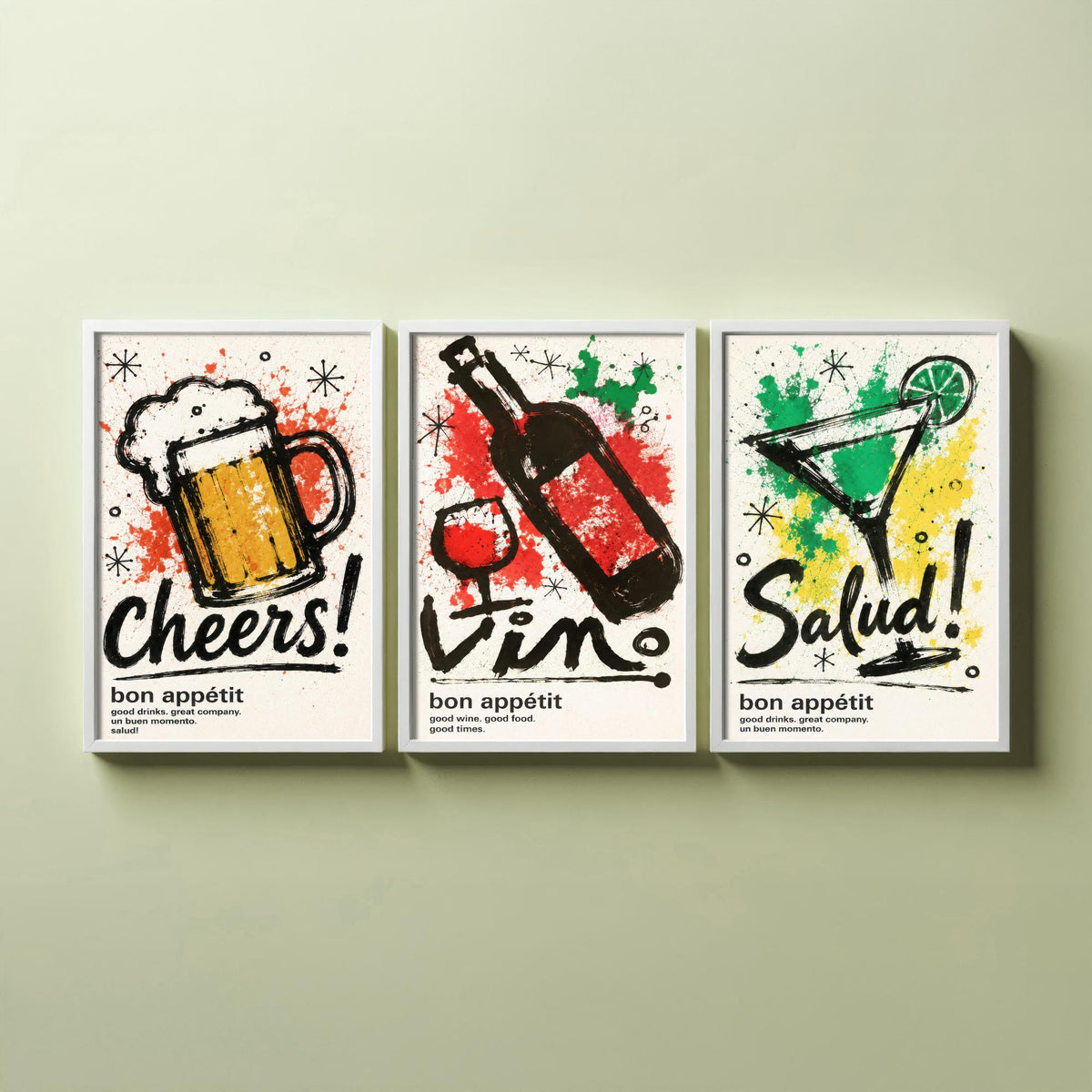 Drinks Bar Set of Three Art Prints - 3 Cheers Vino Salud Ink Splatter Posters - Kitchen Wall Art Gift Illustration Bar