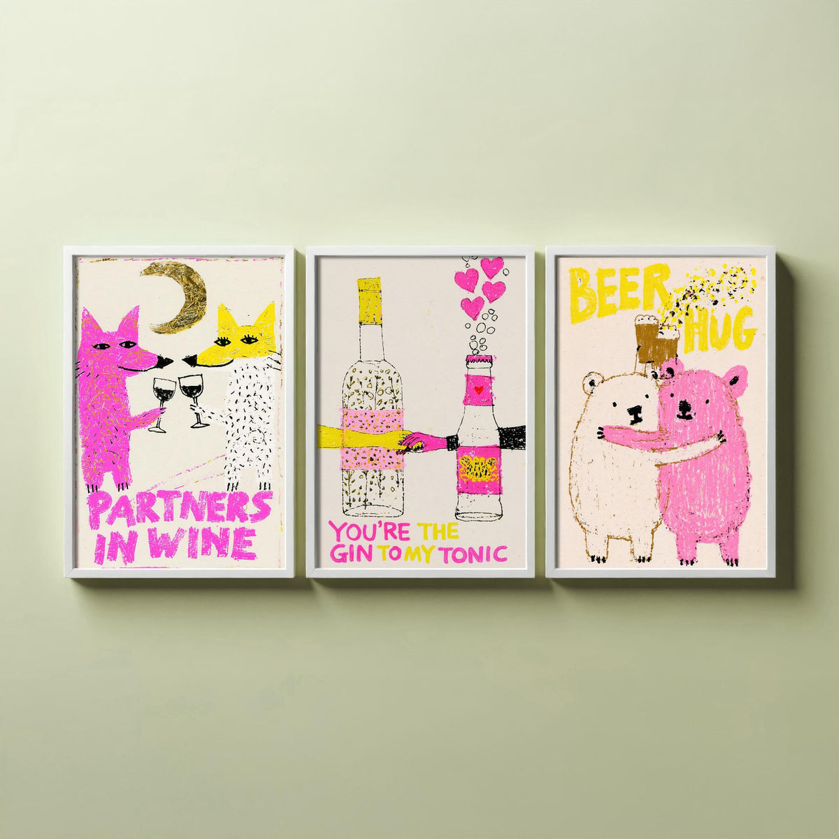Partners in Wine, You're the Gin to My Tonic, Beer Hug - Love Drinks Set of Three Art Prints - Fox and Bear Poster - Pink Illustration
