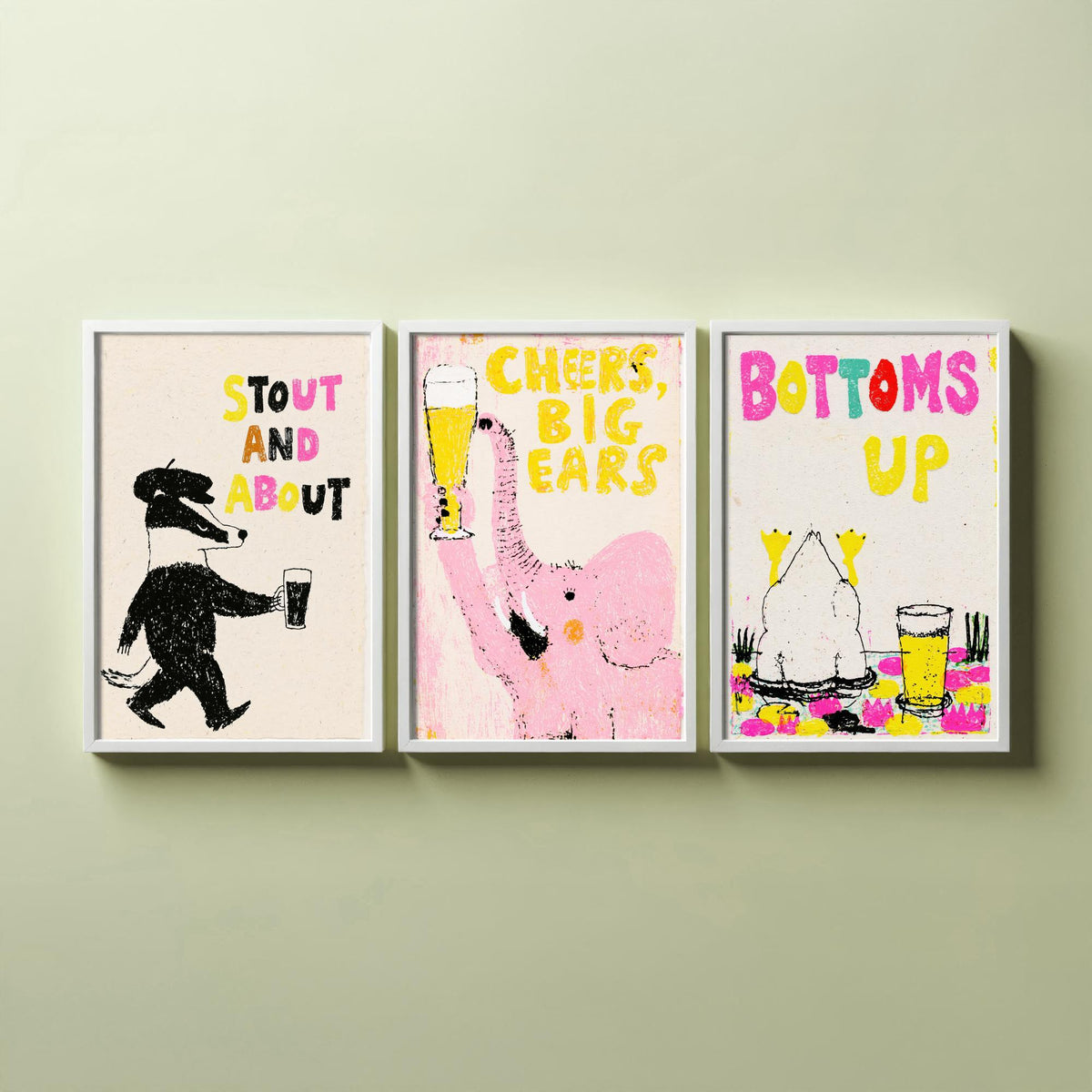 Stout and About - Cheers, Big Ears - Bottoms Up - Pub Humour Set of Three Art Prints - Badger, Elephant and Duck Beer Poster Illustration