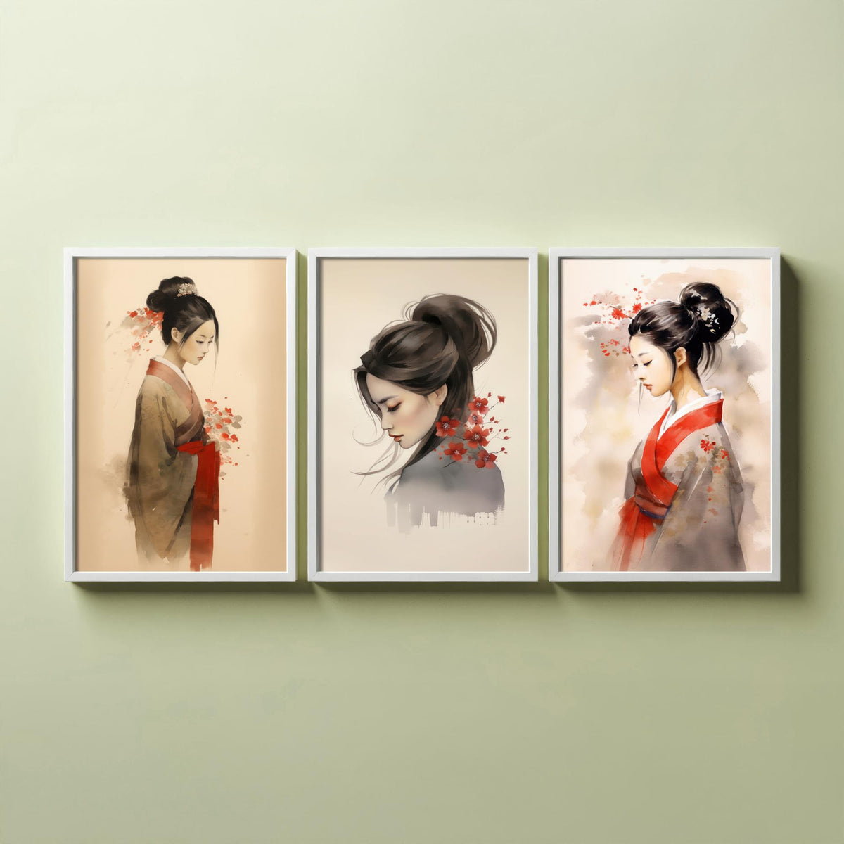 East Asian Woman Watercolour Set of Three Art Prints - Graceful Figures with Red Blossom - Soft Ink Poster Painting