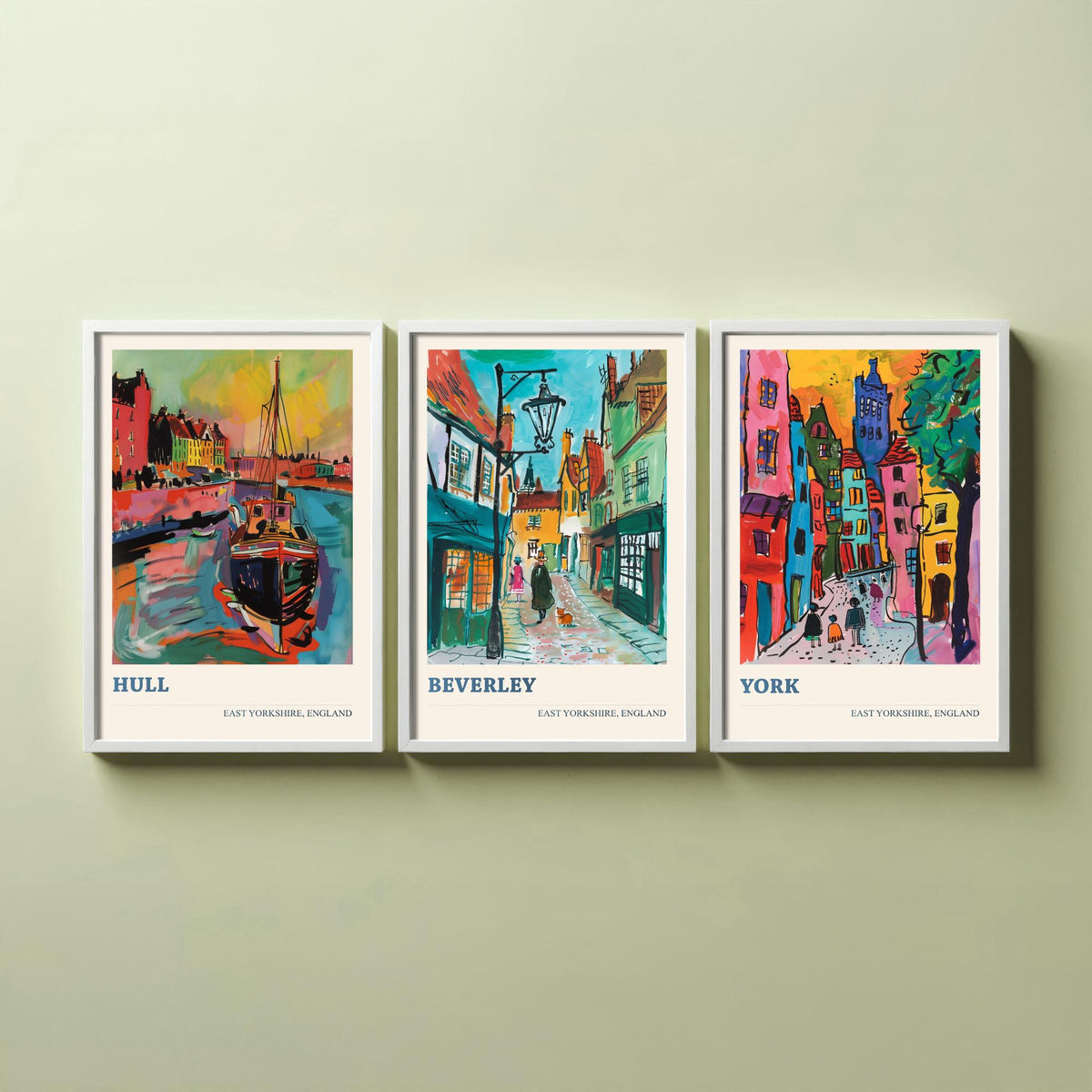 East Yorkshire England Set of Three Prints | Hull Beverley York | Vibrant Fauvist Travel City Wall Art Poster Painting