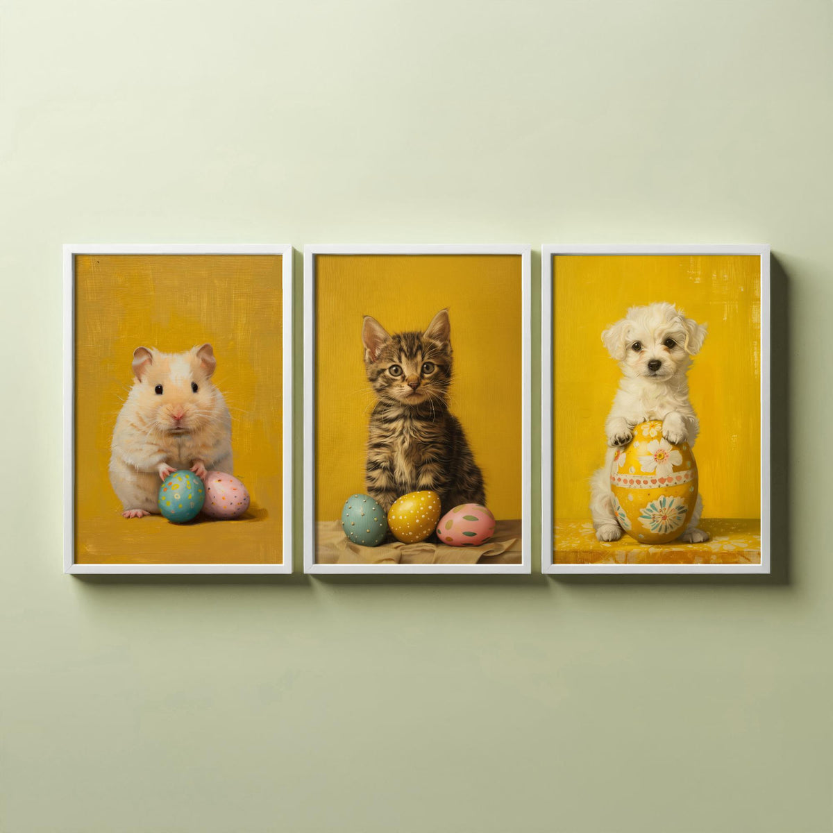 Easter Animals Set of Three Art Prints - 3 Hamster Kitten Puppy Posters - Cute Nursery Wall Art Gift Painting Spring