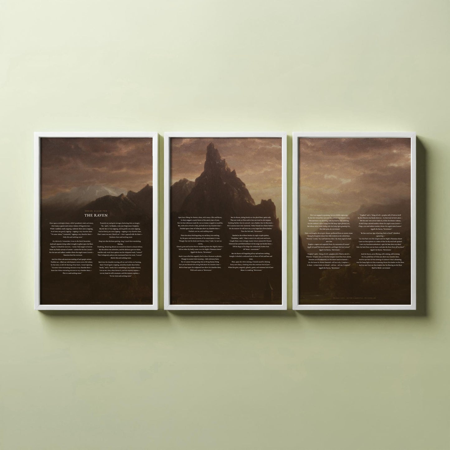 The Raven by Edgar Allan Poe Set of Three Art Prints - Full Poem over Thomas Cole Mountain Painting - Gothic Poetry Poster Triptych