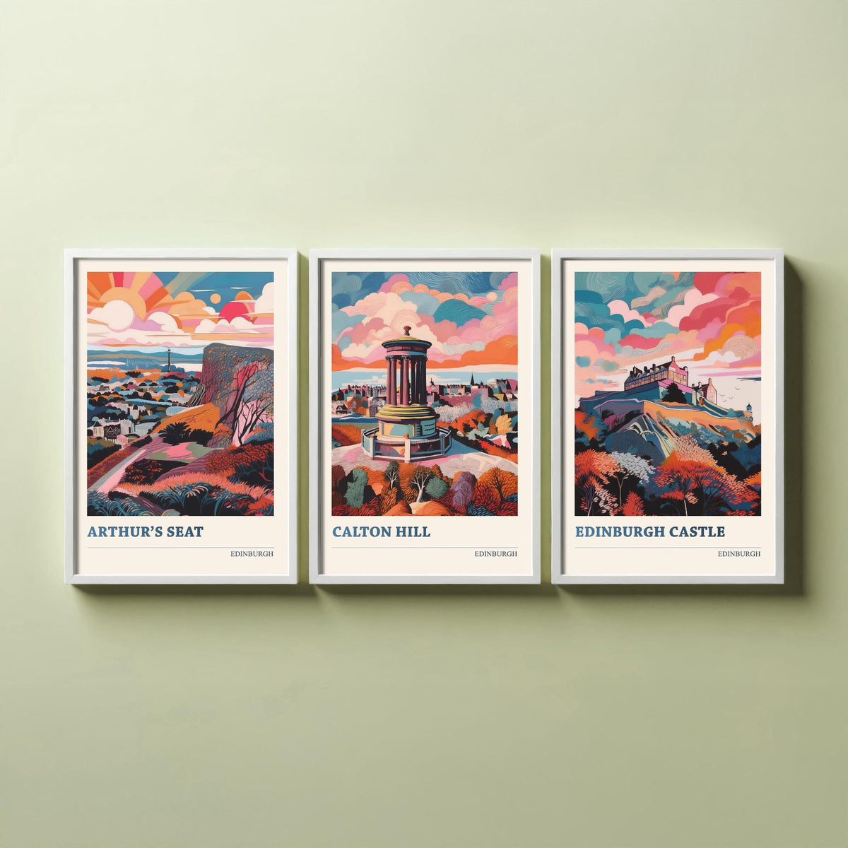 Edinburgh Scotland Set of Three Prints | Arthurs Seat Calton Hill Edinburgh Castle | Vibrant Travel Wall Art Poster Painting