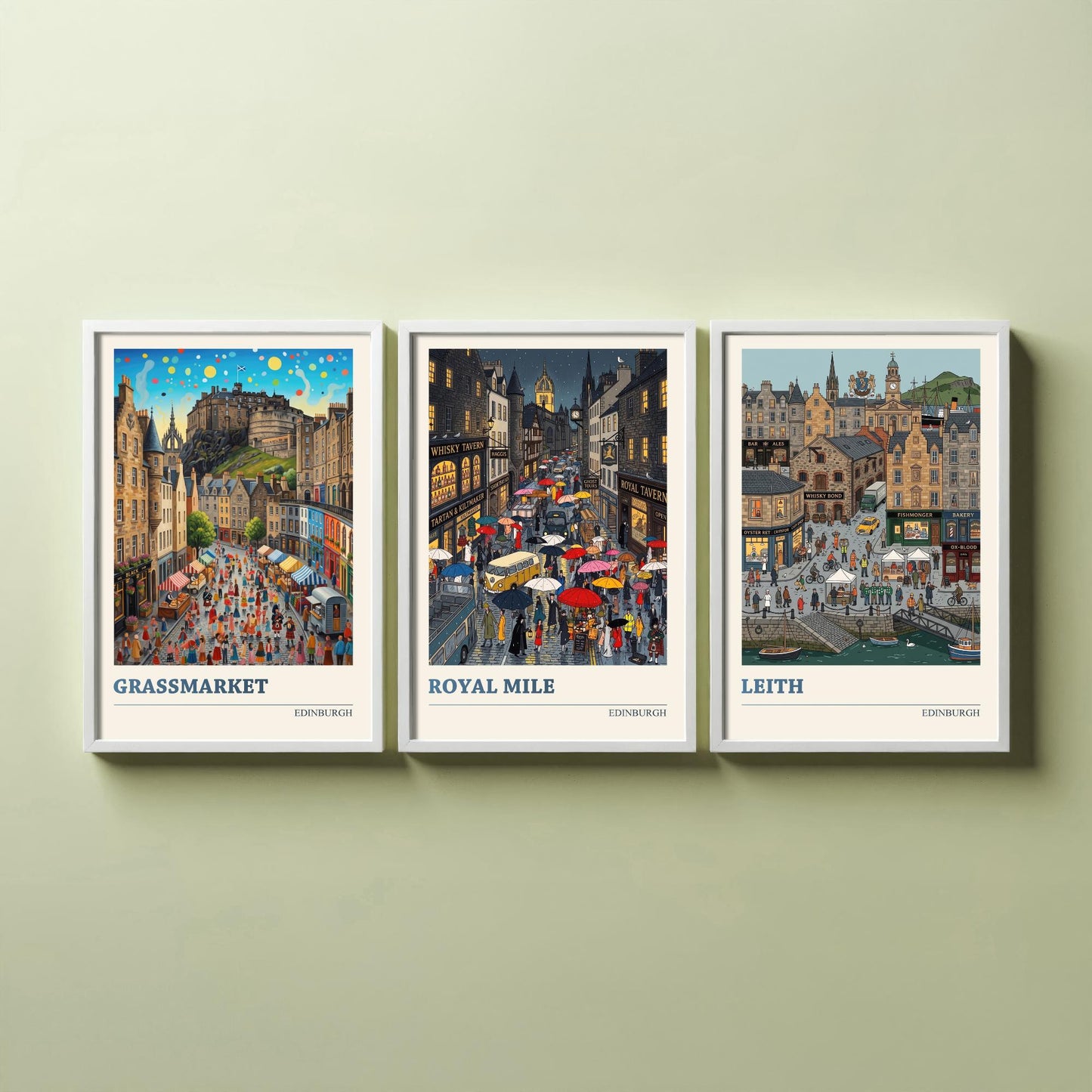 Edinburgh Set of Three Art Prints - Grassmarket, Royal Mile, Leith - 3 Colourful Folk Illustration Travel Posters - Scotland Painting