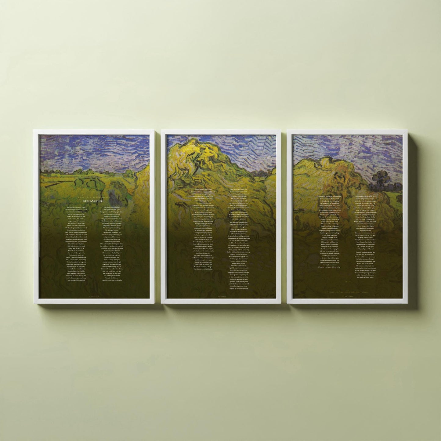 Renascence by Edna St Vincent Millay Set of Three Art Prints - Full Poem over Van Gogh Wheat Stacks Painting - Poetry Poster Triptych