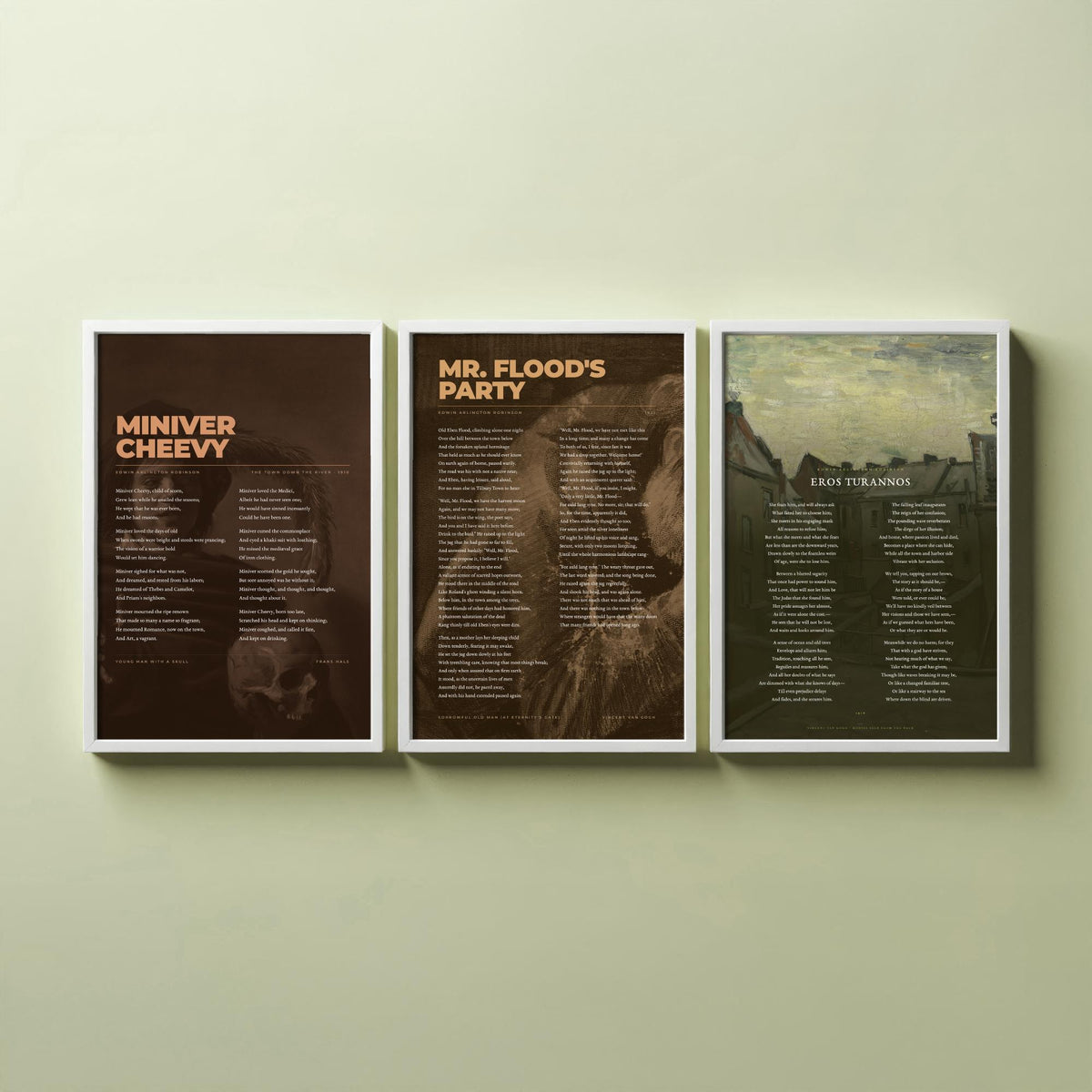 Edwin Arlington Robinson Poems Set of Three Art Prints - Miniver Cheevy, Mr Flood's Party, Eros Turannos - Poetry Poster over Paintings