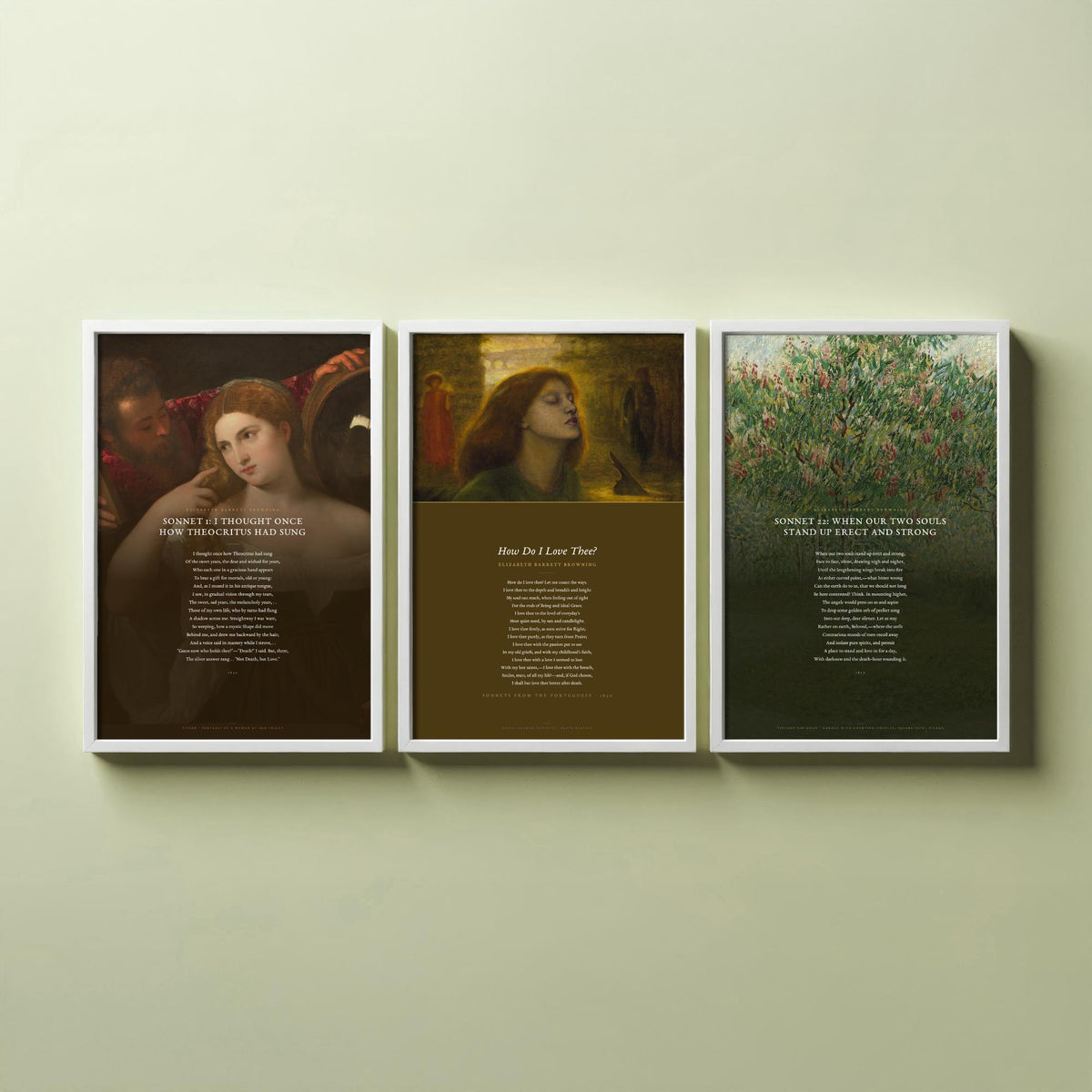 Elizabeth Barrett Browning Poems Set of Three Art Prints - How Do I Love Thee, Sonnet 1, Sonnet 22 - Poetry Poster over Paintings