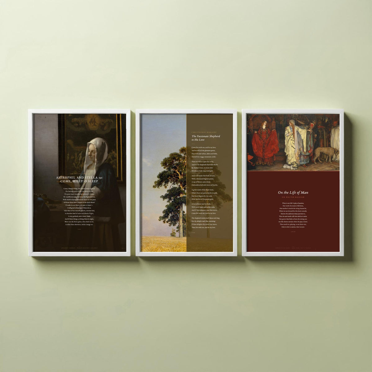 Elizabethan Poems Set of Three Art Prints - Passionate Shepherd, Come Sleep, On the Life of Man - Poems over Paintings Poster Triptych