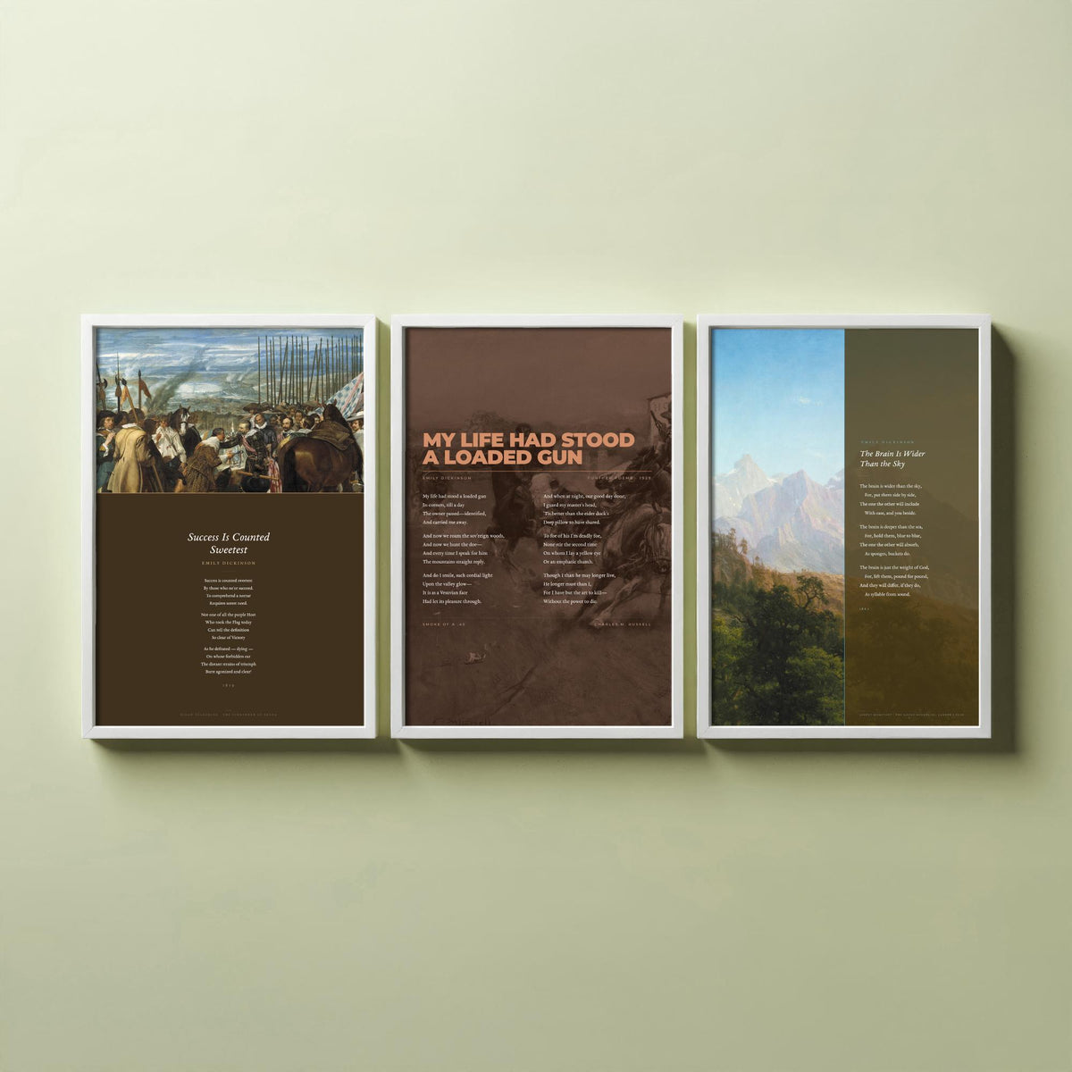 Emily Dickinson Famous Poems Set of Three Art Prints - My Life Had Stood a Loaded Gun, The Brain Is Wider Than the Sky - Painting Poster V4