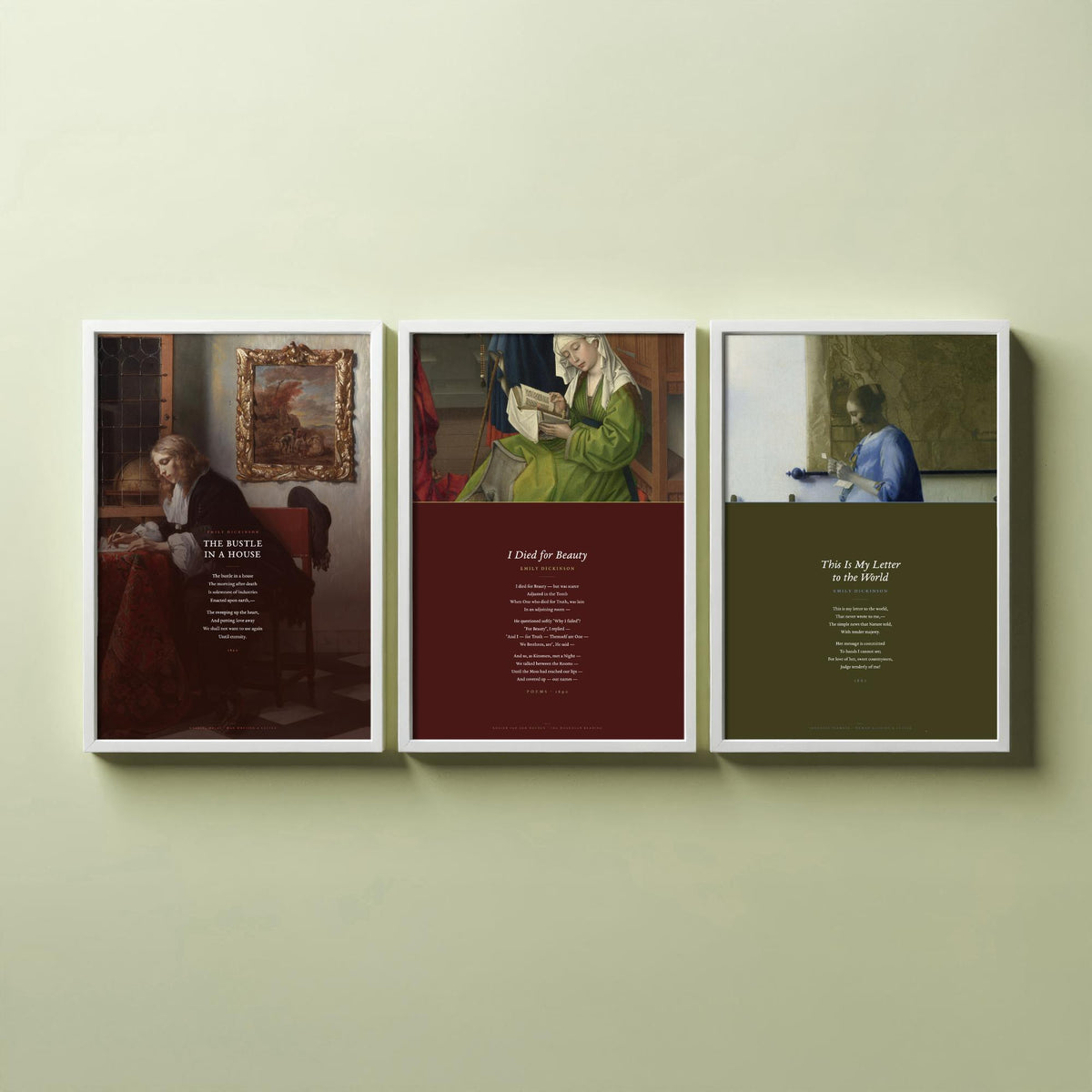 Emily Dickinson Set of Three Art Prints - This Is My Letter to the World, The Bustle in a House, I Died for Beauty - Painting Poster V1
