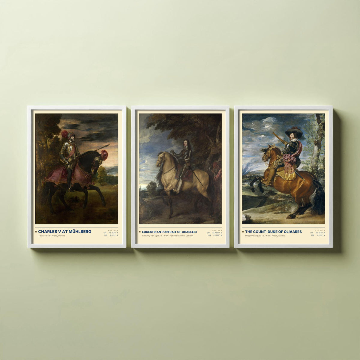 Equestrian Set of Three Art Prints - Charles V at Muhlberg, Charles I, Olivares - Titian Van Dyck Velazquez Paintings Posters