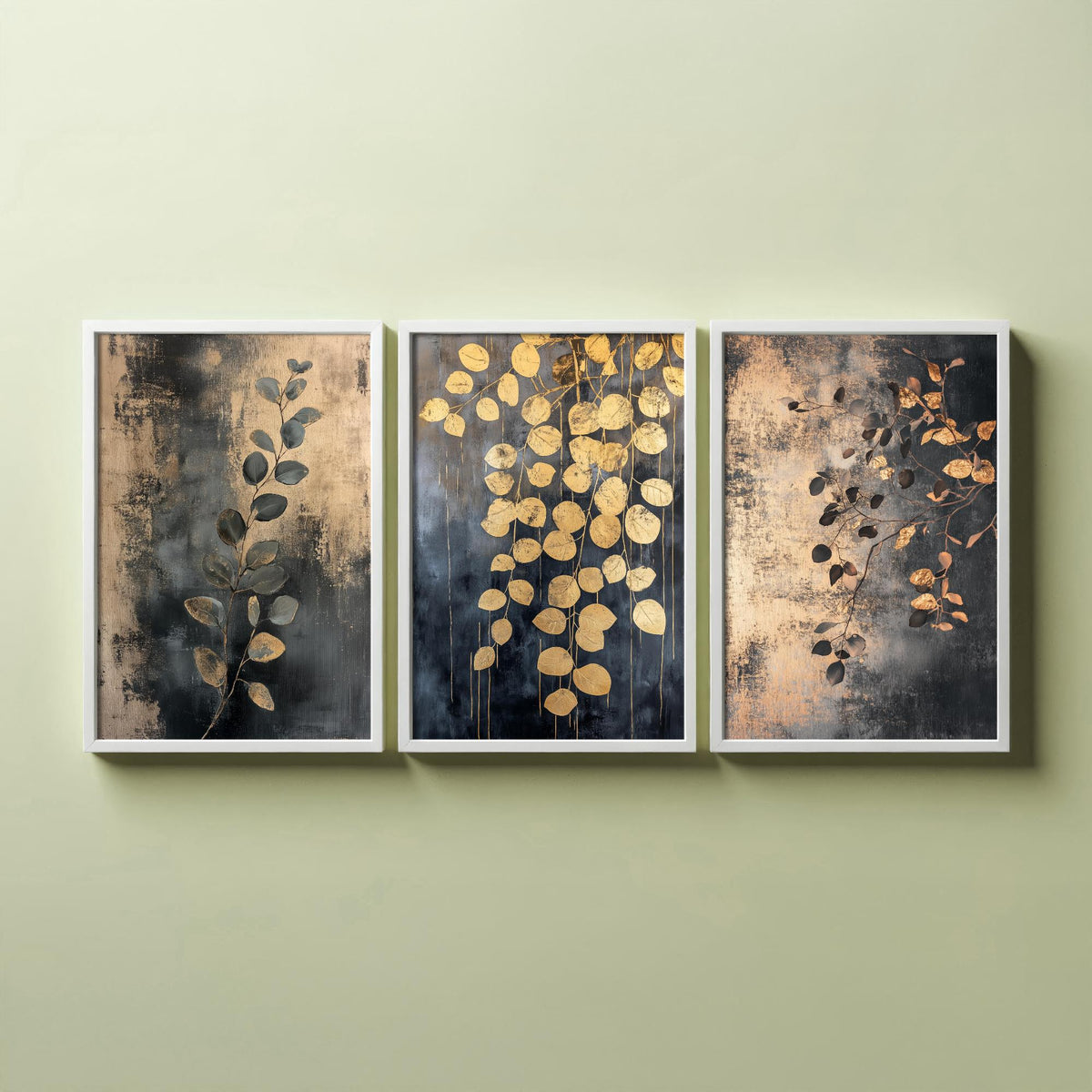 Eucalyptus Set of Three Art Prints V2 - 3 Gold Foil Botanical Posters - Charcoal Gold Luxe Leaf Wall Art Gift Painting