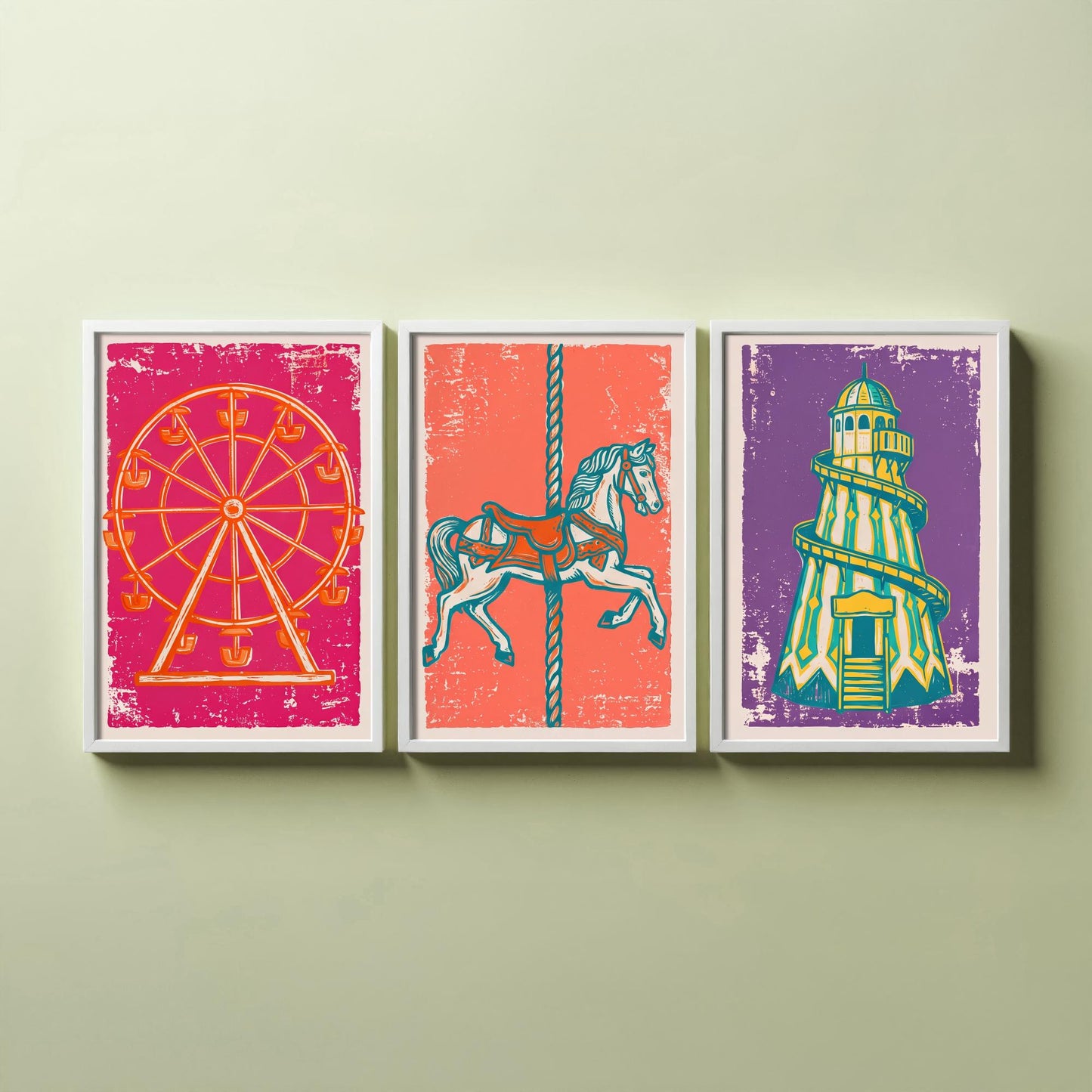 Set of Three Fairground Art Prints - Ferris Wheel, Carousel Horse, Helter Skelter - Linocut Illustrations - Triptych Posters V1