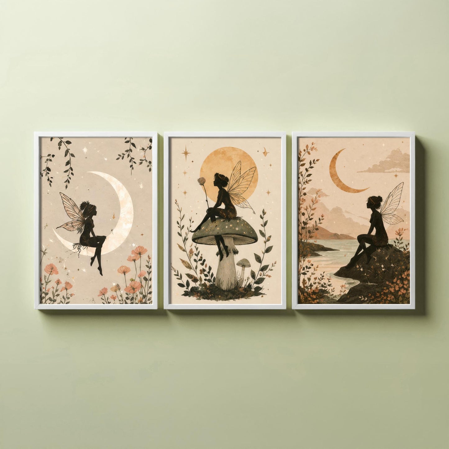 Fairy & Moon Botanical Set of Three Art Prints - Whimsical Fairy Illustration - Celestial Poster Wall Art Gift Decor V1