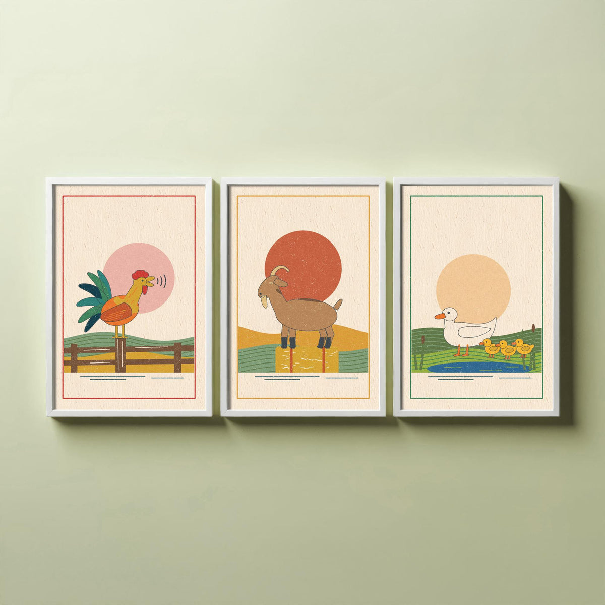 Farmyard Animal Set of Three Art Prints - Cockerel, Goat, Ducks - Linocut Style Poster Illustration V2