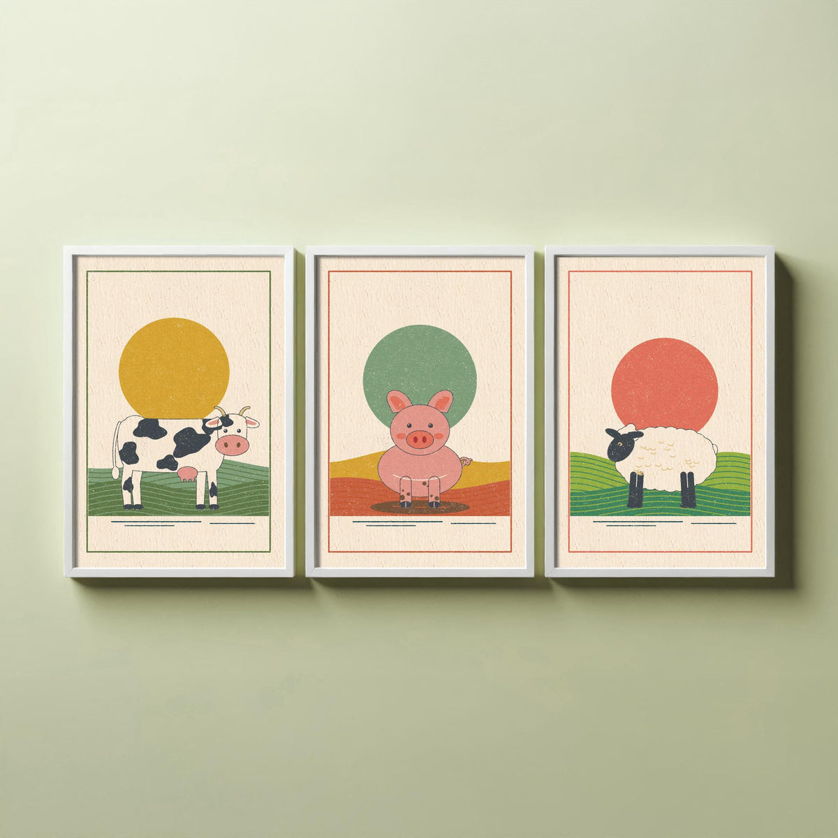 Farmyard Animal Set of Three Art Prints - Cow, Pig, Sheep - Linocut Style Poster Illustration V1
