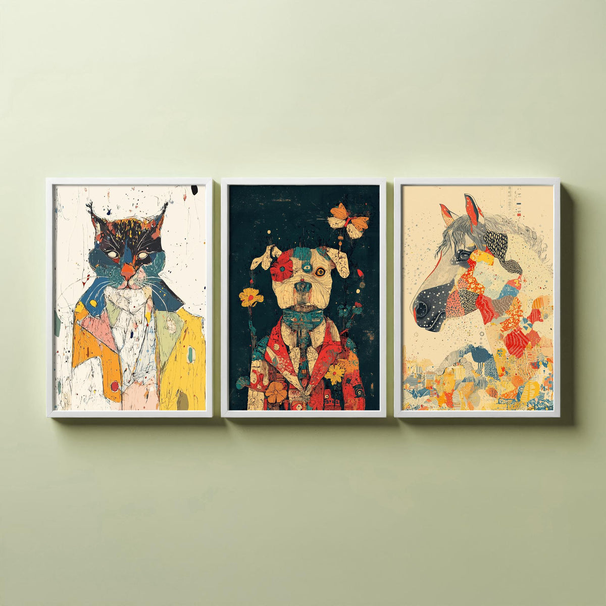 Feral Floral Set of Three Art Prints - 3 Cat Dog Horse Posters - Whimsical Animal Wall Art Gift Illustration Floral