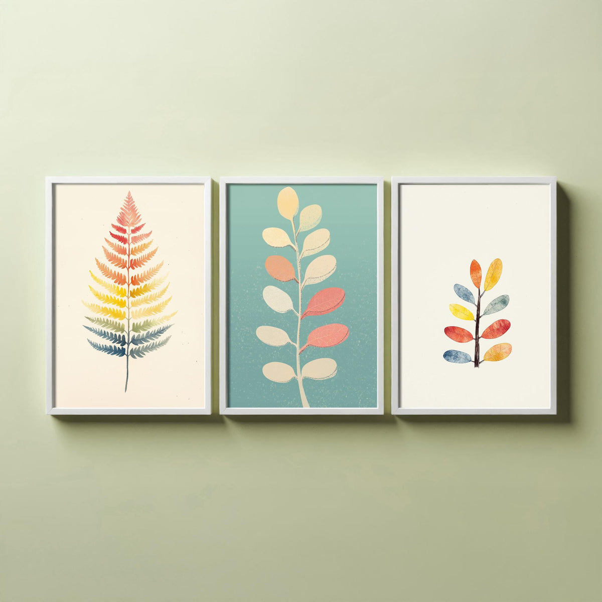 Feral Floral Fern Set of Three Art Prints V2 - 3 Botanical Leaf Posters - Pastel Scandi Boho Wall Art Gift Illustration Nature