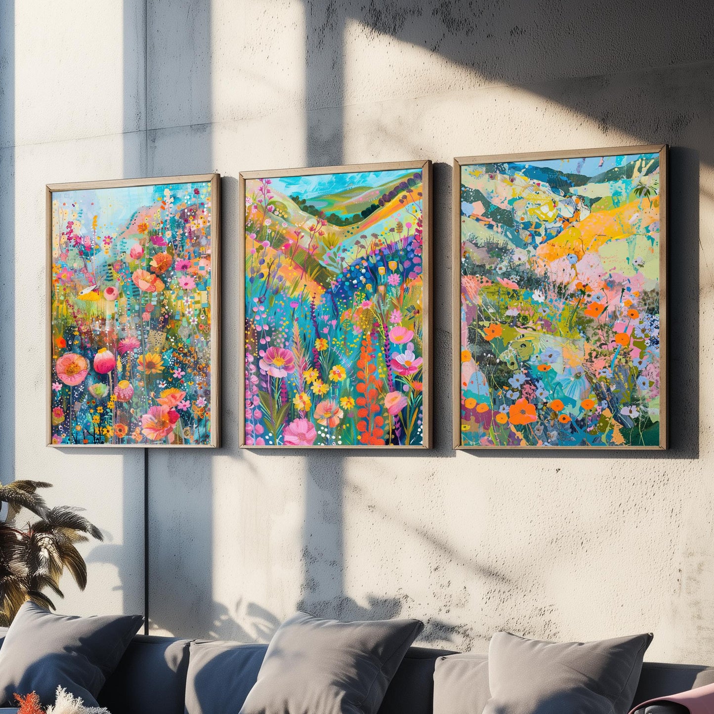 Fields and Flower Meadows in Pastel Collage - Set of Three Art Print Poster - 3 Painting Illustrations Wildlife Wildflower Décor Summer