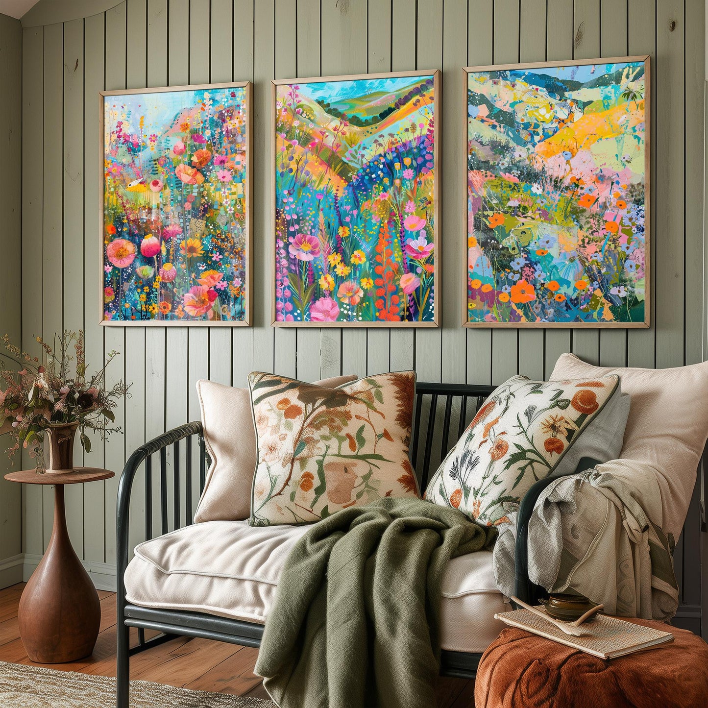 Fields and Flower Meadows in Pastel Collage - Set of Three Art Print Poster - 3 Painting Illustrations Wildlife Wildflower Décor Summer