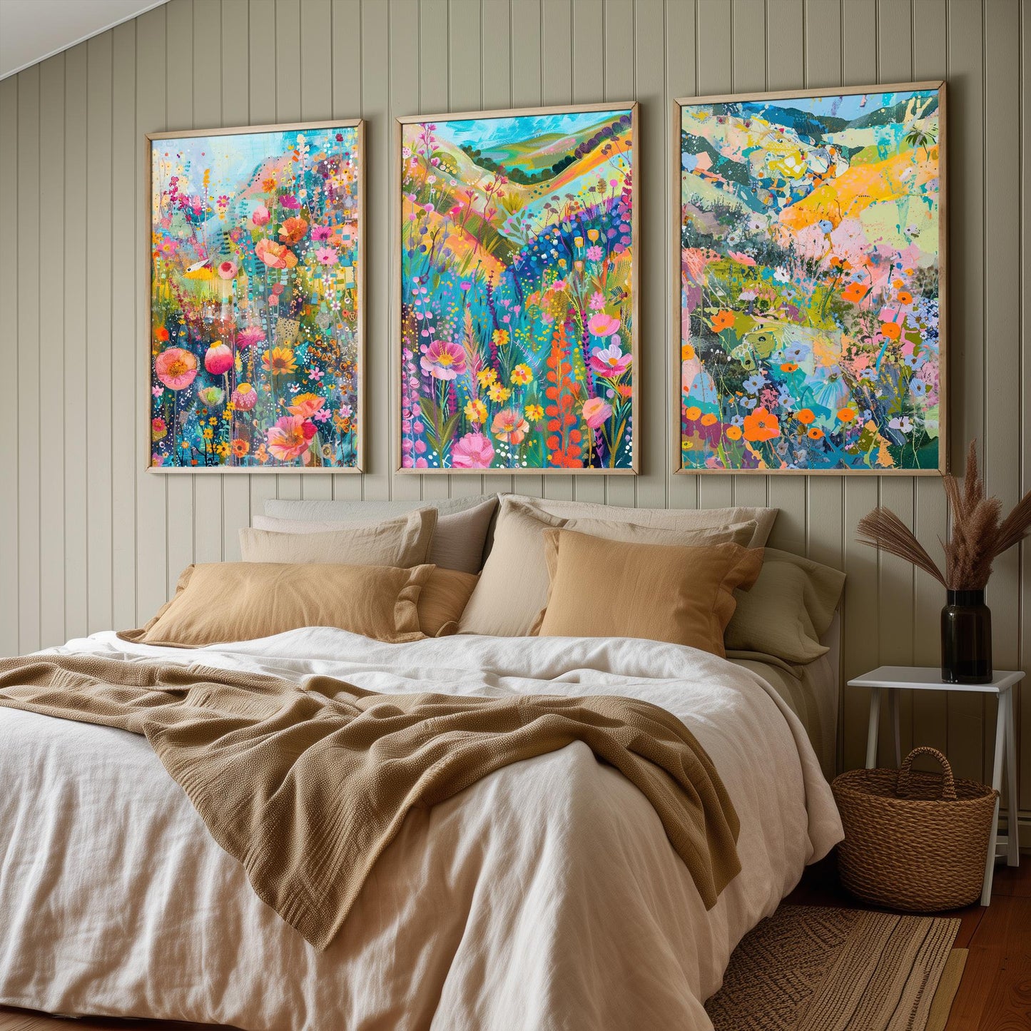 Fields and Flower Meadows in Pastel Collage - Set of Three Art Print Poster - 3 Painting Illustrations Wildlife Wildflower Décor Summer