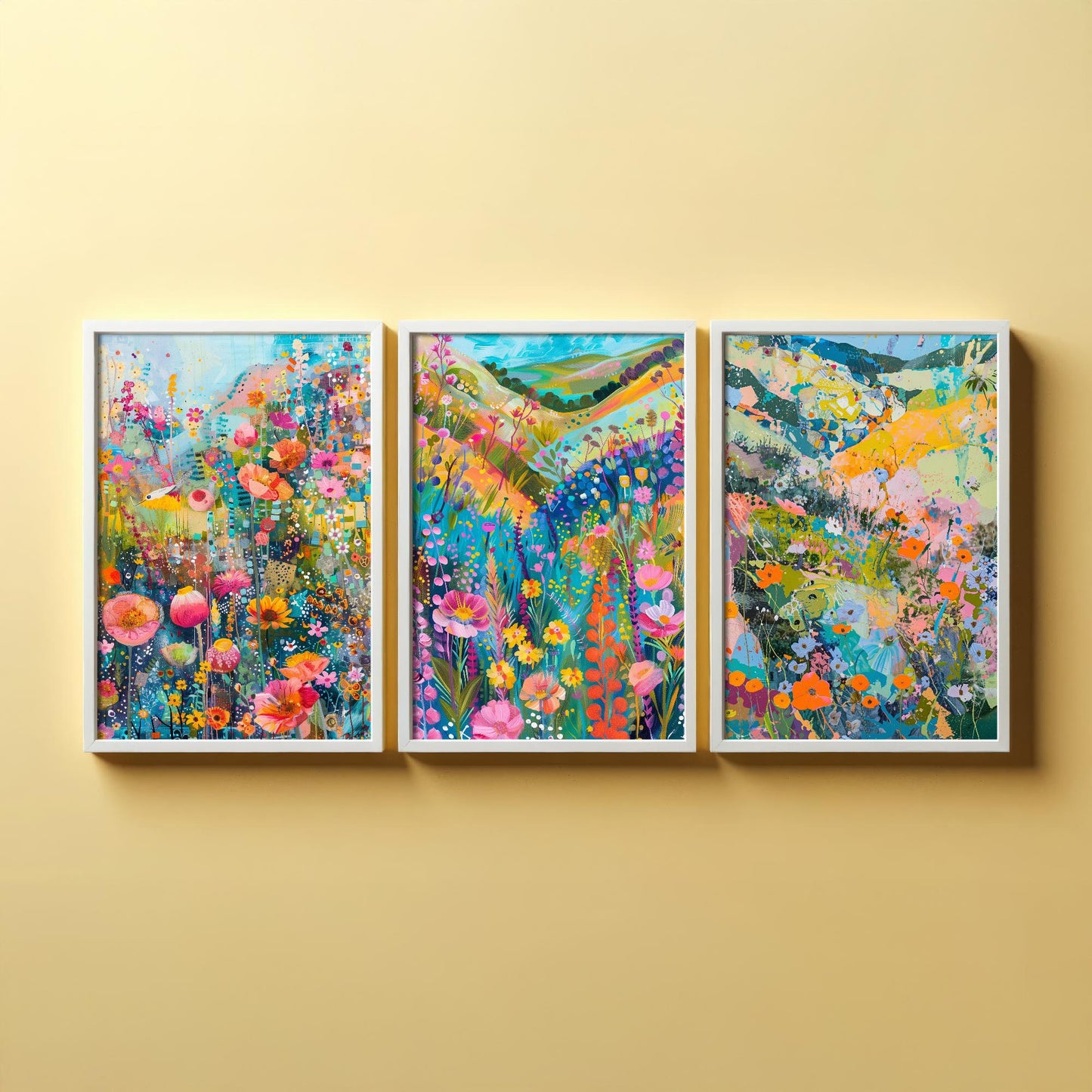 Fields and Flower Meadows in Pastel Collage - Set of Three Art Print Poster - 3 Painting Illustrations Wildlife Wildflower Décor Summer