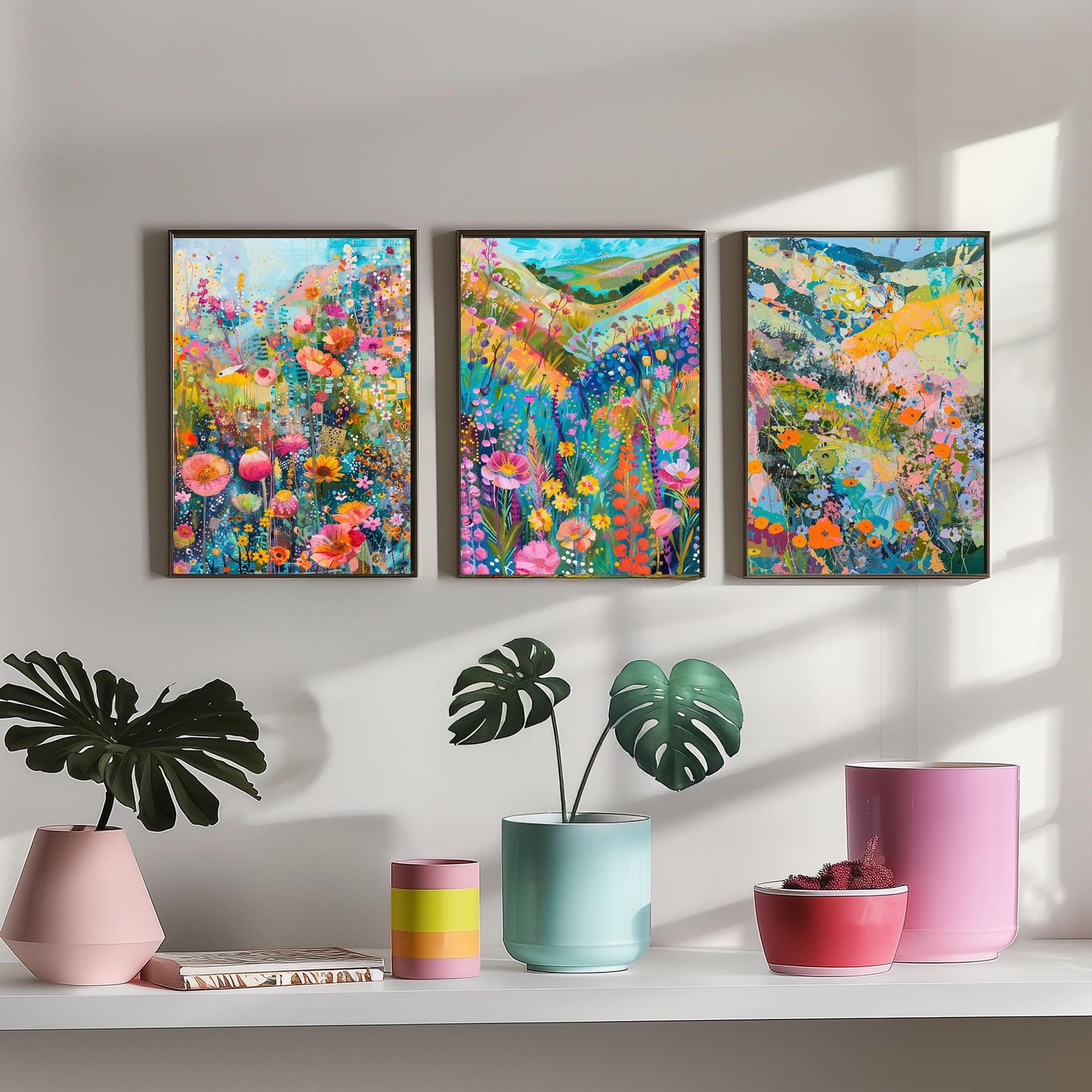 Fields and Flower Meadows in Pastel Collage - Set of Three Art Print Poster - 3 Painting Illustrations Wildlife Wildflower Décor Summer