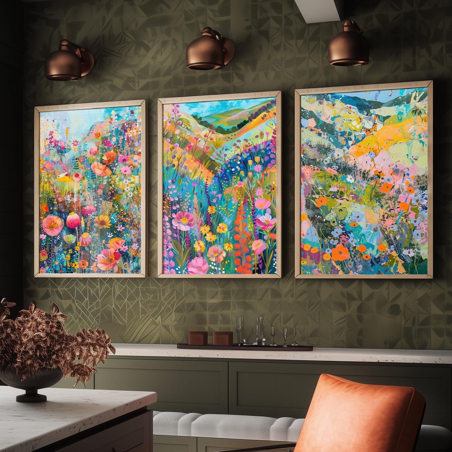Fields and Flower Meadows in Pastel Collage - Set of Three Art Print Poster - 3 Painting Illustrations Wildlife Wildflower Décor Summer