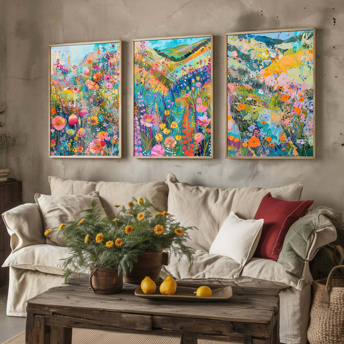 Fields and Flower Meadows in Pastel Collage - Set of Three Art Print Poster - 3 Painting Illustrations Wildlife Wildflower Décor Summer
