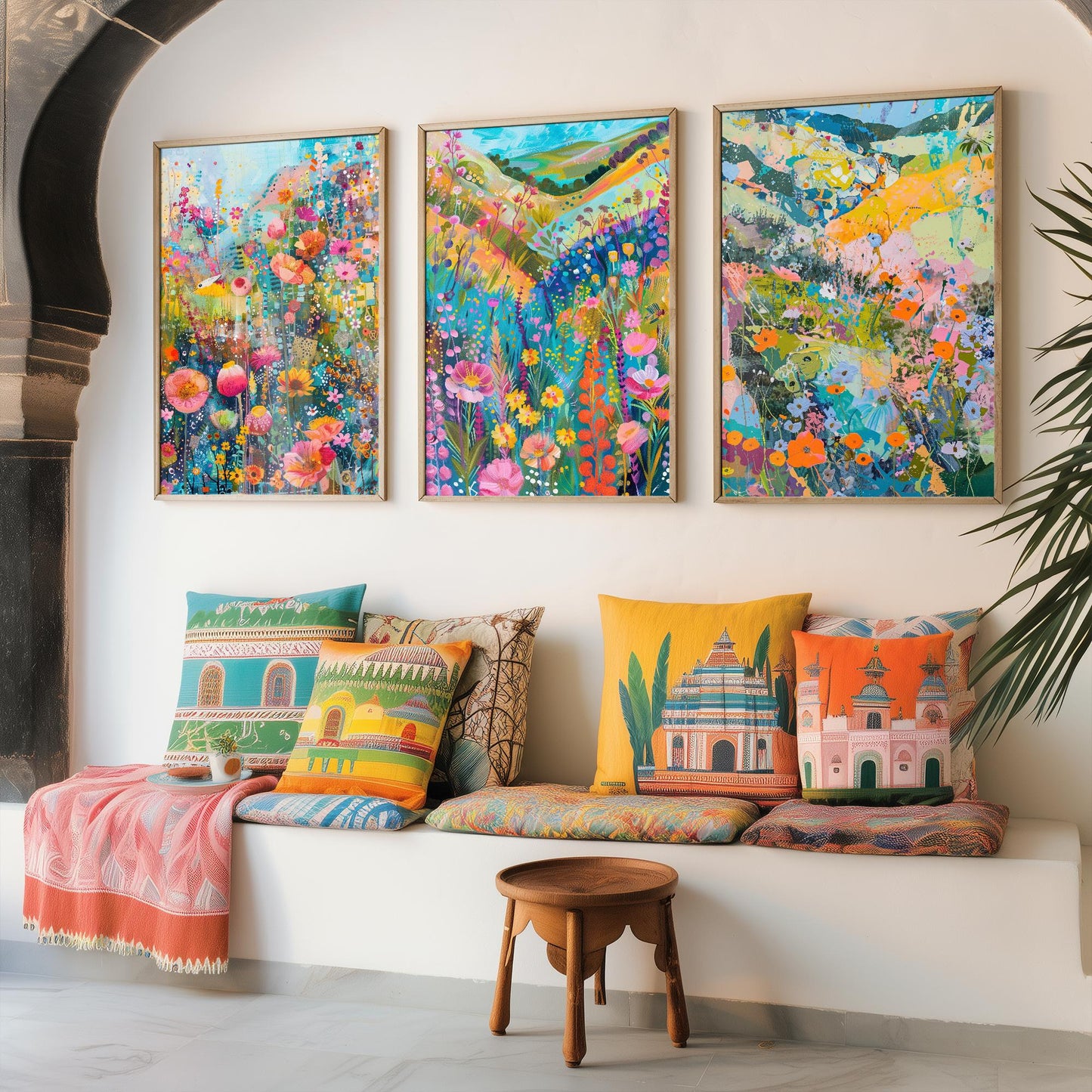 Fields and Flower Meadows in Pastel Collage - Set of Three Art Print Poster - 3 Painting Illustrations Wildlife Wildflower Décor Summer