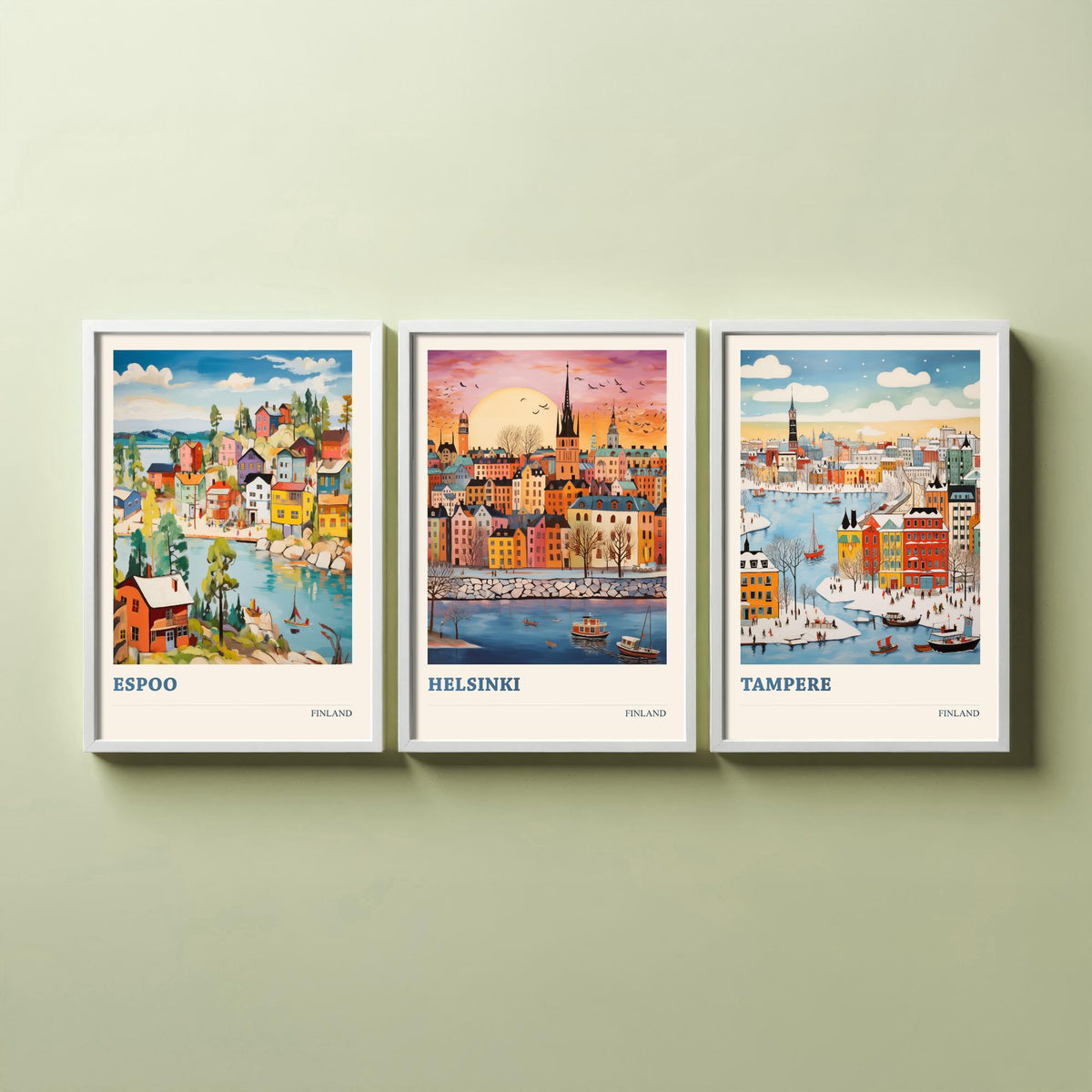 Finland Set of Three Prints | Espoo Helsinki Tampere | Vibrant Folk Art Travel City Wall Art Poster Painting