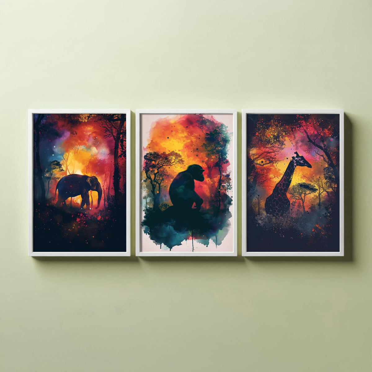 Jungle Animals Set of Three Art Prints - 3 Elephant Monkey Giraffe Posters - Fiery Watercolour Silhouette Wall Art Gift Safari