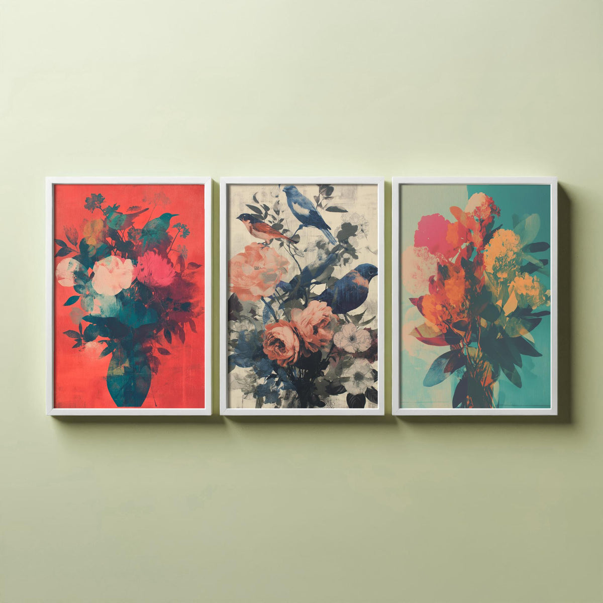Floral and Birds Set of Three Art Prints - 3 Screen Print Bouquet Posters - Retro Botanical Wall Art Gift Illustration Bird