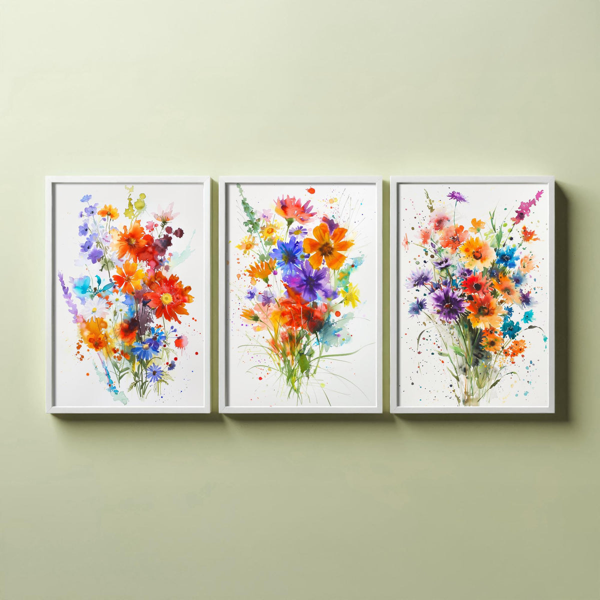 Watercolour Flower Set of Three Art Prints - 3 Cornflower Gerbera Posters - Bold Botanical Painting Wall Art Gift Meadow V11