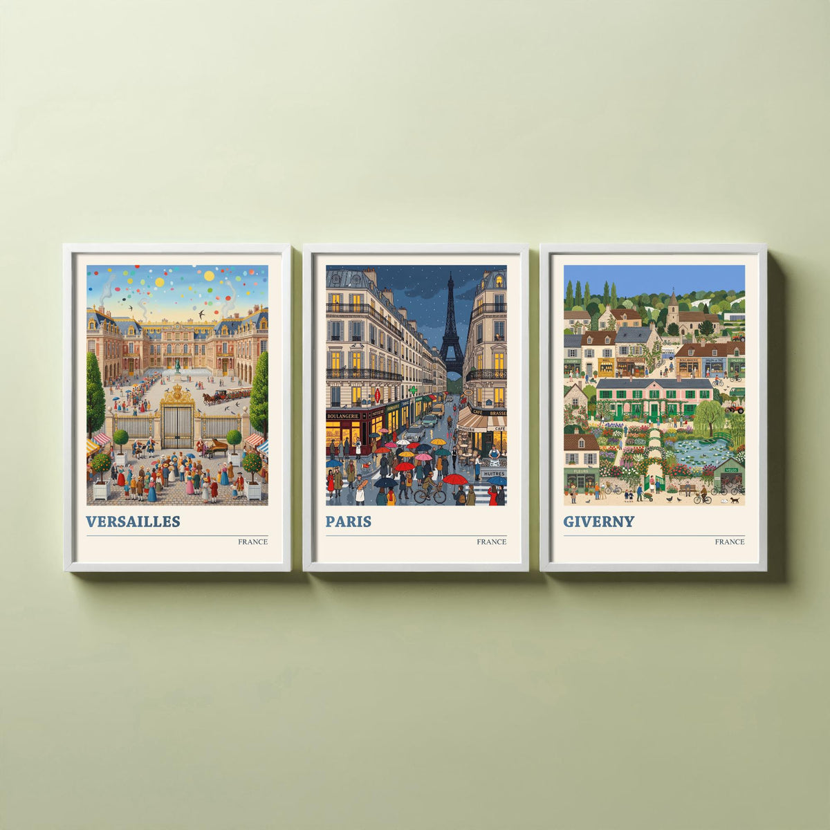 France Set of Three Art Prints - Versailles, Paris, Giverny - 3 Colourful Folk Illustration Travel Posters - French Painting