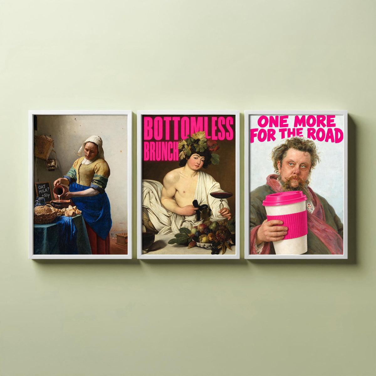 Funny Cafe Set of Three Art Prints - Oat Milk, Bottomless Brunch, One More for the Road - Classic Painting Parody Poster